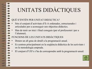 UNITATS DIDÀCTIQUES QUÈ S’ENTÉN PER UNITAT DIDÀCTICA? Són el conjunt d’activitats d’E-A ordenades, estructurades i articulades per a aconseguir uns objectius didàctics. Han de tenir un inici i final coneguts (per al professorat i per a l’alumnat). FUNCIONS DE LES UNITATS DIDÀCTIQUES Donen un alt grau de detall a la programació anual. Es centren principalment en la seqüència didàctica de les activitats i en la metodologia emprada. El conjunt d’UD’s s’ha de correspondre amb la programació anual. 