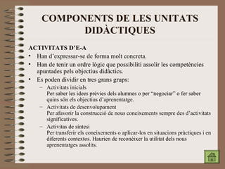 COMPONENTS DE LES UNITATS DIDÀCTIQUES ACTIVITATS D’E-A Han d’expressar-se de forma molt concreta. Han de tenir un ordre lògic que possibiliti assolir les competències apuntades pels objectius didàctics. Es poden dividir en tres grans grups: Activitats inicials Per saber les idees prèvies dels alumnes o per “negociar” o fer saber quins són els objectius d’aprenentatge. Activitats de desenvolupament Per afavorir la construcció de nous coneixements sempre des d’activitats significatives. Activitas de síntesi Per transferir els coneixements o aplicar-los en situacions pràctiques i en diferents contextos. Haurien de reconèixer la utilitat dels nous aprenentatges assolits. 
