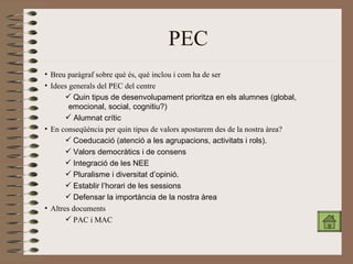 PEC Breu paràgraf sobre què és, què inclou i com ha de ser Idees generals del PEC del centre Quin tipus de desenvolupament prioritza en els alumnes (global, emocional, social, cognitiu?) Alumnat crític En conseqüència per quin tipus de valors apostarem des de la nostra àrea? Coeducació (atenció a les agrupacions, activitats i rols). Valors democràtics i de consens Integració de les NEE Pluralisme i diversitat d’opinió. Establir l’horari de les sessions Defensar la importància de la nostra àrea Altres documents PAC i MAC 
