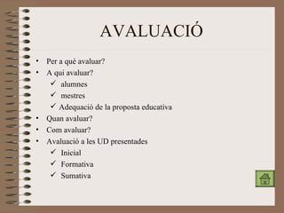AVALUACIÓ Per a què avaluar? A qui avaluar? alumnes mestres Adequació de la proposta educativa Quan avaluar? Com avaluar? Avaluació a les UD presentades Inicial Formativa Sumativa 