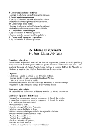 8. Competencia cultura e histórica
• Conocer la labor que realiza Cáritas en la sociedad.
9. Competencia humanizadora
• Conocer la labor que realiza Cáritas en la sociedad.
• Reflexionar sobre sus propias responsabilidades..
10. Competencia ético-moral
• Conocer la labor que realiza Cáritas en la sociedad.
• Reflexionar sobre sus propias responsabilidades.
11. Competencia epistemológica
• Leer las historias de Abrahán y Moisés.
• Realizar un taller manual: las tablas de la Ley.
12. Competencia de sentido trascendente
• Leer las historias de Abrahán y Moisés.
3.- Llenos de esperanza
Profetas. María. Adviento
Intenciones educativas
• Dios habla a su pueblo a través de los profetas. Explicamos quiénes fueron los profetas y
cómo anuncian la futura llegada del Mesías, que los cristianos identificamos con Jesús. María
acepta ser la madre del Mesías. Acepta formar parte de la promesa de Dios. En Adviento, los
cristianos se preparan para celebrar el cumplimiento de esa promesa.
Objetivos
• Identificar y valorar la actitud de los diferentes profetas.
• Conocer que los profetas anuncian la llegada del Mesías.
• Apreciar y valorar el «Sí» de María.
• Valorar positivamente la actitud que adopta María ante el anuncio del ángel.
• Reconocer el Adviento como tiempo de esperanza e ilusión.
Contenidos referenciales
• 5. La celebración de la venida de Jesús en Navidad. Su amor y su salvación.
Contenidos específicos de la Unidad
• Los profetas nos anuncian una gran esperanza… la llegada del Mesías.
• Los profetas nos anuncian una gran esperanza… la llegada del Mesías.
• La Anunciación: María dice «Sí».
• Advocaciones de María.
• Oración principal a María: el Avemaría.
• María acepta ser la Madre de Jesús.
• Reconocimiento de la importancia de María para los cristianos.
• Reconocimiento de la decisión de María.
• Análisis de textos bíblicos.
• Análisis de textos bíblicos.
• Adviento: tiempo de Esperanza.
• Análisis de relatos bíblicos.
• Identificación del Adviento como tiempo litúrgico.
 