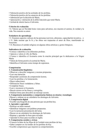 • Valoración positiva de las actitudes de los profetas.
• Valoración positiva de los anuncios de los profetas.
• Admiración por la decisión de María.
• Apreciación y valoración de la difícil decisión que tomó María.
• Actitud de interés hacia el Adviento.
Criterios de evaluación
• 6. Valorar que en Navidad Jesús viene para salvarnos, nos muestra el camino, la verdad y la
vida. Nos muestra su amor.
Estándares de aprendizaje
• 2. Enumera aspectos valiosos de las personas (servicio, altruismo, capacidad de inventiva…).
• 11. Sabe razonar que la fe y las obras son respuestas al amor de Dios, manifestado en
Jesucristo.
• 14. Reconoce el sentido religioso en algunas obras artísticas y gestos litúrgicos.
Indicadores de evaluación
• Conoce e identifica a los diferentes profetas.
• Aprecia y valora el «Sí» de María.
• Conoce e identifica el Avemaría como la oración principal que le dedicamos a la Virgen
María.
• Valora de forma positiva la actitud de María.
• Identifica el Adviento como tiempo de esperanza.
Competencias
1. Comunicación lingüística
• Observar y describir imágenes y escenas propuestas.
• Leer una narración.
• Responder cuestiones de comprensión lectora.
• Leer los profetas y la Anunciación.
• Hacer redacciones.
• Diferenciar frases verdaderas y falsas.
• Completar frases.
• Leer y reconocer el Avemaría.
• Buscar errores en las frases y corregirlas.
• Ordenar letras para descubrir un mensaje secreto.
2. Competencia matemática y competencias básicas en ciencia y tecnología
• Buscar y ordenar en un calendario los domingos de Adviento.
3. Competencia digital
• Escribir una biografía de una persona que sea profeta hoy.
4. Aprender a aprender
• Realizar un taller manual.
• Identificar imágenes con palabras propuestas.
• Leer la narración-presentación del tema.
• Buscar en un calendario los domingos de Adviento.
• Repasar y aprender la frase para recordar.
• Aprender la frase para recordar en inglés.
5. Competencias sociales y cívicas
• Conocer la labor de las Hijas de la Caridad como profetas de hoy.
• Saber comprar en «la tienda» de los profetas de hoy.
• Escribir compromisos que mejoren su comportamiento.
 
