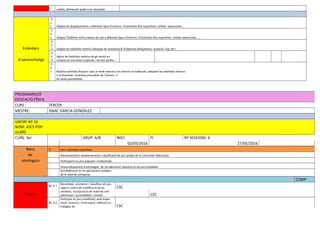 cultats, demanant ajuda si en necessita
2.
1.
1 Adapta els desplaçaments a diferents tipus d'entorns i d'activitats físic esportives i artístic expressives ..
2.
2.
1 Adapta l'habilitat motriu bàsica de salt a diferents tipus d'entorns i d'activitats físic esportives i artístic expressives......
Estàndars
2.
2.
2 Adapta les habilitats motrius bàsiques de manipulació d'objectes (llançament, recepció, cop, etc)
d'aprenentatge
2.
2.
3
Aplica les habilitats motrius de gir tenint en
compte els tres eixos corporals i els dos sentits...
2.
3.
1 Realitza activitats físiques i jocs al medi natural o en entorns no habituals, adaptant les habilitats motrius
a la diversitat i incertesa procedent de l'entorn i a
les seves possibilitats
PROGRAMACIÓ
EDUCACIÓ FÍSICA
CURS : TERCER
MESTRE: ISAAC GARCIA GONZALEZ
UNITAT Nº 10
NOM: JOCS POP-
ULARS
CURS: 3er GRUP: A/B INICI FI Nº SESSIONS: 6
02/05/2016 27/05/2016
Blocs 5. Jocs i activitats esportives.
de Reconeixement, anomenaments i classificació de jocs propis de la Comunitat Valenciana
continguts Participació en jocs populars i tradicionals.
Desenvolupament d'estratègies de col.laboració/ oposició en els jocs treballats.
Sensibilització en les aportacions pròpies i
de la resta de companys.
COMP
BL 5.1.
Reconéixer, anomenar i classificar els jocs
segons criteris de modificació de les CSC
Criteris
variables, Incorporació de material com-
plementari, accessibilitat i novetat. CEC
BL 5.2.
Participar en jocs modificats, amb imple-
ment, inclusius i d’innovació, utilitzant es-
tratègies de CSC
 