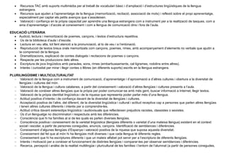  Recursos TAC amb suports multimèdia per al treball de vocabulari bàsic i d’ampliació i d’estructures lingüístiques de la llengua
estrangera.
 Recursos que ajuden a l’aprenentatge de la llengua (memorització, recitació, associació de mots) i reflexió sobre el propi aprenentatge,
especialment per captar els petits avenços que s’assoleixen.
 Valoració i confiança en la pròpia capacitat per aprendre una llengua estrangera com a instrument per a la realització de tasques, com a
eina d’aprenentatge i d’accés al coneixement i com a llengua de comunicació dins i fora de l’aula.
EDUCACIÓ LITERÀRIA
 Audició, lectura i memorització de poemes, cançons, i textos d’estructura repetitiva.
 Ús de la biblioteca d’aula i d’escola.
 Lectura en veu alta, tot fent atenció a la pronunciació, al to de veu i a l’entonació.
 Reproducció de textos breus orals memoritzats com cançons, poemes, rimes, amb acompanyament d’elements no verbals que ajudin a
la comprensió de la llengua.
 Dramatitzacions, explicació de contes dialogats i recitacions de poemes o cançons.
 Respecte per les produccions dels altres.
 Escriptura de jocs lingüístics amb paraules, sons, rimes (embarbussaments, cal·ligrames, rodolins entre altres).
 Interès i curiositat per mirar i llegir contes o llibres (en diferents suports) escrits en la llengua estrangera.
PLURILINGÜISME I MULTICULTURALITAT
 Valoració de la llengua com a instrument de comunicació, d’aprenentatge i d’aproximació a d’altres cultures i obertura a la diversitat de
llengües i cultures del món.
 Valoració de la llengua i cultura catalanes, a partir del coneixement i valoració d’altres llengües i cultures presents a l’aula.
 Valoració de conèixer altres llengües que la pròpia per poder comunicar-se amb més gent, buscar informació a Internet, llegir textos.
 Valoració de la pròpia identitat lingüística i de la riquesa que representa poder parlar més d’una llengua.
 Actitud positiva d’interès i de confiança davant de la diversitat de llengües i cultures.
 Acceptació positiva de l’altre, del diferent, de la diversitat lingüística i cultural i actitud receptiva cap a persones que parlen altres llengües
i tenen altres cultures diferents i interès per a comprendre-les.
 Actitud crítica davant estereotips lingüístics i audiovisuals que reflecteixen prejudicis racistes, classistes o sexistes.
 Ús d’un llenguatge no discriminatori i respectuós amb les diferències.
 Consciència que hi ha famílies al si de les quals es parlen diverses llengües.
 Consciència positiva i coneixement de la varietat lingüística (llengües diferents o varietat d’una mateixa llengua) existent en el context
social i escolar, a partir de persones conegudes, anuncis, cançons. Identificació de semblances i diferències.
 Coneixement d’algunes llengües d’Espanya i valoració positiva de la riquesa que suposa aquesta diversitat.
 Coneixement del fet que al món hi ha llengües molt diverses i que cada llengua té diferents regles.
 Coneixement que hi ha escriptures diferents i que un mateix alfabet pot servir per a l’escriptura de diferents llengües.
 Interès i motivació per a conèixer el funcionament de distintes llengües i comparar-les per observar semblances i diferències.
 Recerca, percepció i anàlisi de la realitat multilingüe i pluricultural de les famílies i l’entorn de l’alumnat (a partir de persones conegudes,
 