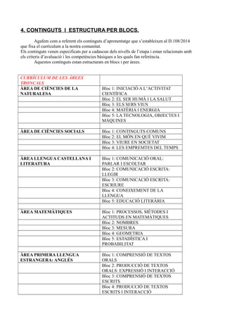 4. CONTINGUTS I ESTRUCTURA PER BLOCS.
Agafem com a referent els continguts d’aprenentatge que s’estableixen al D.108/2014
que fixa el currículum a la nostra comunitat.
Els continguts venen especificats per a cadascun dels nivells de l’etapa i estan relacionats amb
els criteris d’avaluació i les competències bàsiques a les quals fan referència.
Aquestos continguts estan estructurats en blocs i per àrees.
CURRÍCULUM DE LES ÀREES
TRONCALS
ÀREA DE CIÈNCIES DE LA
NATURALESA
Bloc 1: INICIACIÓ A L’ACTIVITAT
CIENTÍFICA
Bloc 2: EL SER HUMÀ I LA SALUT
Bloc 3: ELS SERS VIUS
Bloc 4: MATÈRIA I ENERGIA
Bloc 5: LA TECNOLOGIA, OBJECTES I
MÀQUINES
ÀREA DE CIÈNCIES SOCIALS Bloc 1: CONTINGUTS COMUNS
Bloc 2: EL MÓN EN QUÈ VIVIM
Bloc 3: VIURE EN SOCIETAT
Bloc 4: LES EMPREMTES DEL TEMPS
ÀREA LLENGUA CASTELLANA I
LITERATURA
Bloc 1: COMUNICACIÓ ORAL:
PARLAR I ESCOLTAR
Bloc 2: COMUNICACIÓ ESCRITA:
LLEGIR
Bloc 3: COMUNICACIÓ ESCRITA:
ESCRIURE
Bloc 4: CONEIXEMENT DE LA
LLENGUA
Bloc 5: EDUCACIÓ LITERÀRIA
ÀREA MATEMÀTIQUES Bloc 1: PROCESSOS, MÈTODES I
ACTITUDS EN MATEMÀTIQUES
Bloc 2: NOMBRES
Bloc 3: MESURA
Bloc 4: GEOMETRIA
Bloc 5: ESTADÍSTICA I
PROBABILITAT
ÀREA PRIMERA LLENGUA
ESTRANGERA: ANGLÉS
Bloc 1: COMPRENSIÓ DE TEXTOS
ORALS
Bloc 2: PRODUCCIÓ DE TEXTOS
ORALS: EXPRESSIÓ I INTERACCIÓ
Bloc 3: COMPRENSIÓ DE TEXTOS
ESCRITS
Bloc 4: PRODUCCIÓ DE TEXTOS
ESCRITS I INTERACCIÓ
 