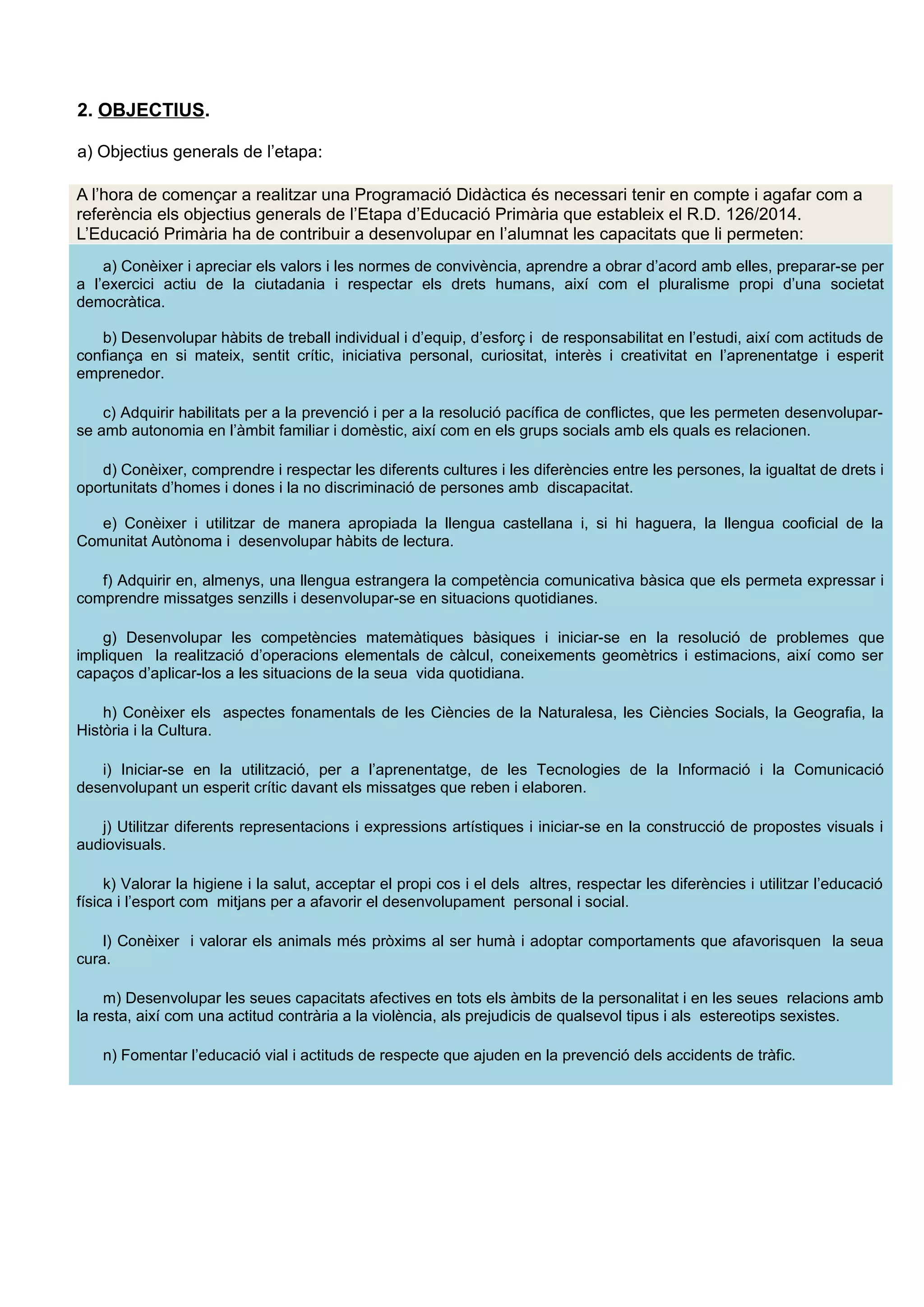 2. OBJECTIUS.
a) Objectius generals de l’etapa:
A l’hora de començar a realitzar una Programació Didàctica és necessari tenir en compte i agafar com a
referència els objectius generals de l’Etapa d’Educació Primària que estableix el R.D. 126/2014.
L’Educació Primària ha de contribuir a desenvolupar en l’alumnat les capacitats que li permeten:
a) Conèixer i apreciar els valors i les normes de convivència, aprendre a obrar d’acord amb elles, preparar-se per
a l’exercici actiu de la ciutadania i respectar els drets humans, així com el pluralisme propi d’una societat
democràtica.
b) Desenvolupar hàbits de treball individual i d’equip, d’esforç i de responsabilitat en l’estudi, així com actituds de
confiança en si mateix, sentit crític, iniciativa personal, curiositat, interès i creativitat en l’aprenentatge i esperit
emprenedor.
c) Adquirir habilitats per a la prevenció i per a la resolució pacífica de conflictes, que les permeten desenvolupar-
se amb autonomia en l’àmbit familiar i domèstic, així com en els grups socials amb els quals es relacionen.
d) Conèixer, comprendre i respectar les diferents cultures i les diferències entre les persones, la igualtat de drets i
oportunitats d’homes i dones i la no discriminació de persones amb discapacitat.
e) Conèixer i utilitzar de manera apropiada la llengua castellana i, si hi haguera, la llengua cooficial de la
Comunitat Autònoma i desenvolupar hàbits de lectura.
f) Adquirir en, almenys, una llengua estrangera la competència comunicativa bàsica que els permeta expressar i
comprendre missatges senzills i desenvolupar-se en situacions quotidianes.
g) Desenvolupar les competències matemàtiques bàsiques i iniciar-se en la resolució de problemes que
impliquen la realització d’operacions elementals de càlcul, coneixements geomètrics i estimacions, així como ser
capaços d’aplicar-los a les situacions de la seua vida quotidiana.
h) Conèixer els aspectes fonamentals de les Ciències de la Naturalesa, les Ciències Socials, la Geografia, la
Història i la Cultura.
i) Iniciar-se en la utilització, per a l’aprenentatge, de les Tecnologies de la Informació i la Comunicació
desenvolupant un esperit crític davant els missatges que reben i elaboren.
j) Utilitzar diferents representacions i expressions artístiques i iniciar-se en la construcció de propostes visuals i
audiovisuals.
k) Valorar la higiene i la salut, acceptar el propi cos i el dels altres, respectar les diferències i utilitzar l’educació
física i l’esport com mitjans per a afavorir el desenvolupament personal i social.
l) Conèixer i valorar els animals més pròxims al ser humà i adoptar comportaments que afavorisquen la seua
cura.
m) Desenvolupar les seues capacitats afectives en tots els àmbits de la personalitat i en les seues relacions amb
la resta, així com una actitud contrària a la violència, als prejudicis de qualsevol tipus i als estereotips sexistes.
n) Fomentar l’educació vial i actituds de respecte que ajuden en la prevenció dels accidents de tràfic.
 