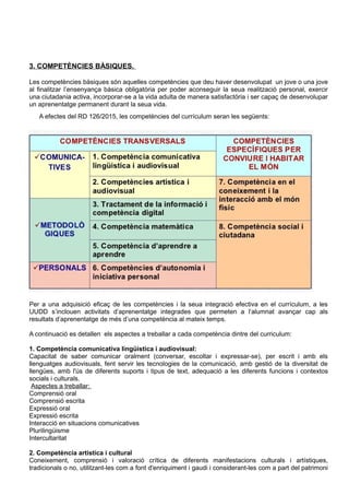 3. COMPETÈNCIES BÀSIQUES.
Les competències bàsiques són aquelles competències que deu haver desenvolupat un jove o una jove
al finalitzar l’ensenyança bàsica obligatòria per poder aconseguir la seua realització personal, exercir
una ciutadania activa, incorporar-se a la vida adulta de manera satisfactòria i ser capaç de desenvolupar
un aprenentatge permanent durant la seua vida.
A efectes del RD 126/2015, les competències del currículum seran les següents:
Per a una adquisició eficaç de les competències i la seua integració efectiva en el currículum, a les
UUDD s’inclouen activitats d’aprenentatge integrades que permeten a l‘alumnat avançar cap als
resultats d’aprenentatge de més d’una competència al mateix temps.
A continuació es detallen els aspectes a treballar a cada competència dintre del curriculum:
1. Competència comunicativa lingüística i audiovisual:
Capacitat de saber comunicar oralment (conversar, escoltar i expressar-se), per escrit i amb els
llenguatges audiovisuals, fent servir les tecnologies de la comunicació, amb gestió de la diversitat de
llengües, amb l'ús de diferents suports i tipus de text, adequació a les diferents funcions i contextos
socials i culturals.
Aspectes a treballar:
Comprensió oral
Comprensió escrita
Expressió oral
Expressió escrita
Interacció en situacions comunicatives
Plurilingüisme
Intercultaritat
2. Competència artística i cultural
Coneixement, comprensió i valoració crítica de diferents manifestacions culturals i artístiques,
tradicionals o no, utilitzant-les com a font d'enriquiment i gaudi i considerant-les com a part del patrimoni
 