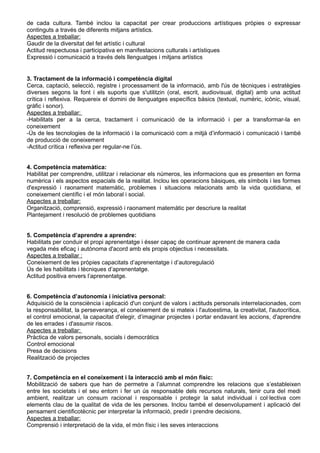 de cada cultura. També inclou la capacitat per crear produccions artístiques pròpies o expressar
continguts a través de diferents mitjans artístics.
Aspectes a treballar:
Gaudir de la diversitat del fet artístic i cultural
Actitud respectuosa i participativa en manifestacions culturals i artístiques
Expressió i comunicació a través dels llenguatges i mitjans artístics
3. Tractament de la informació i competència digital
Cerca, captació, selecció, registre i processament de la informació, amb l'ús de tècniques i estratègies
diverses segons la font i els suports que s'utilitzin (oral, escrit, audiovisual, digital) amb una actitud
crítica i reflexiva. Requereix el domini de llenguatges específics bàsics (textual, numèric, icònic, visual,
gràfic i sonor).
Aspectes a treballar:
-Habilitats per a la cerca, tractament i comunicació de la informació i per a transformar-la en
coneixement
-Ús de les tecnologies de la informació i la comunicació com a mitjà d’informació i comunicació i també
de producció de coneixement
-Actitud crítica i reflexiva per regular-ne l’ús.
4. Competència matemàtica:
Habilitat per comprendre, utilitzar i relacionar els números, les informacions que es presenten en forma
numèrica i els aspectos espacials de la realitat. Inclou les operacions bàsiques, els símbols i les formes
d'expressió i raonament matemàtic, problemes i situacions relacionats amb la vida quotidiana, el
coneixement científic i el món laboral i social.
Aspectes a treballar:
Organització, comprensió, expressió i raonament matemàtic per descriure la realitat
Plantejament i resolució de problemes quotidians
5. Competència d’aprendre a aprendre:
Habilitats per conduir el propi aprenentatge i ésser capaç de continuar aprenent de manera cada
vegada més eficaç i autònoma d'acord amb els propis objectius i necessitats.
Aspectes a treballar :
Coneixement de les pròpies capacitats d’aprenentatge i d’autoregulació
Ús de les habilitats i tècniques d’aprenentatge.
Actitud positiva envers l’aprenentatge.
6. Competència d’autonomia i iniciativa personal:
Adquisició de la consciència i aplicació d'un conjunt de valors i actituds personals interrelacionades, com
la responsabilitat, la perseverança, el coneixement de si mateix i l'autoestima, la creativitat, l'autocrítica,
el control emocional, la capacitat d'elegir, d’imaginar projectes i portar endavant les accions, d'aprendre
de les errades i d'assumir riscos.
Aspectes a treballar:
Pràctica de valors personals, socials i democràtics
Control emocional
Presa de decisions
Realització de projectes
7. Competència en el coneixement i la interacció amb el món físic:
Mobilització de sabers que han de permetre a l’alumnat comprendre les relacions que s’estableixen
entre les societats i el seu entorn i fer un ús responsable dels recursos naturals, tenir cura del medi
ambient, realitzar un consum racional i responsable i protegir la salut individual i col·lectiva com
elements clau de la qualitat de vida de les persones. Inclou també el desenvolupament i aplicació del
pensament cientificotècnic per interpretar la informació, predir i prendre decisions.
Aspectes a treballar:
Comprensió i interpretació de la vida, el món físic i les seves interaccions
 