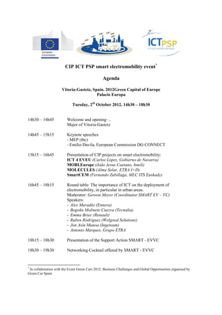 CIP ICT PSP smart electromobility event*

                                                 Agenda

                      Vitoria-Gasteiz, Spain. 2012Green Capital of Europe
                                         Palacio Europa

                             Tuesday, 2th October 2012, 14h30 – 18h30


14h30 – 14h45            Welcome and opening– ,
                         Major of Vitoria-Gasteiz

14h45 – 15h15            Keynote speeches
                         - MEP (tbc)
                         - Emilio Davila, European Commission DG CONNECT

15h15 – 16h45            Presentation of CIP projects on smart electromobility:
                         ICT 4 EVEU (Carlos López, Gobierno de Navarra)
                         MOBI.Europe (João Jesus Caetano, Inteli)
                         MOLECULES (Alma Solar, ETRA I+D)
                         SmartCEM (Fernando Zubillaga, MLC ITS Euskady)

16h45 – 18h15            Round table: The importance of ICT on the deployment of
                         electromobility, in particular in urban areas.
                         Moderator: Gereon Meyer (Coordinator SMART EV – VC)
                         Speakers:
                         - Alex Muradás (Ennera)
                         - Begoña Molinete Cuezva (Tecnalia)
                         - Emma Briec (Renault)
                         - Ruben Rodriguez (Welgood Solutions)
                         - Jon Asín Munoa (Ingeteam)
                         - Antonio Marques, Grupo ETRA

18h15 – 18h30            Presentation of the Support Action SMART - EVVC

18h30 – 19h30            Networking Cocktail offered by SMART - EVVC


*
 In collaboration with the Event Green Cars 2012: Business Challenges and Global Opportunities organised by
Green Car Spain
 
