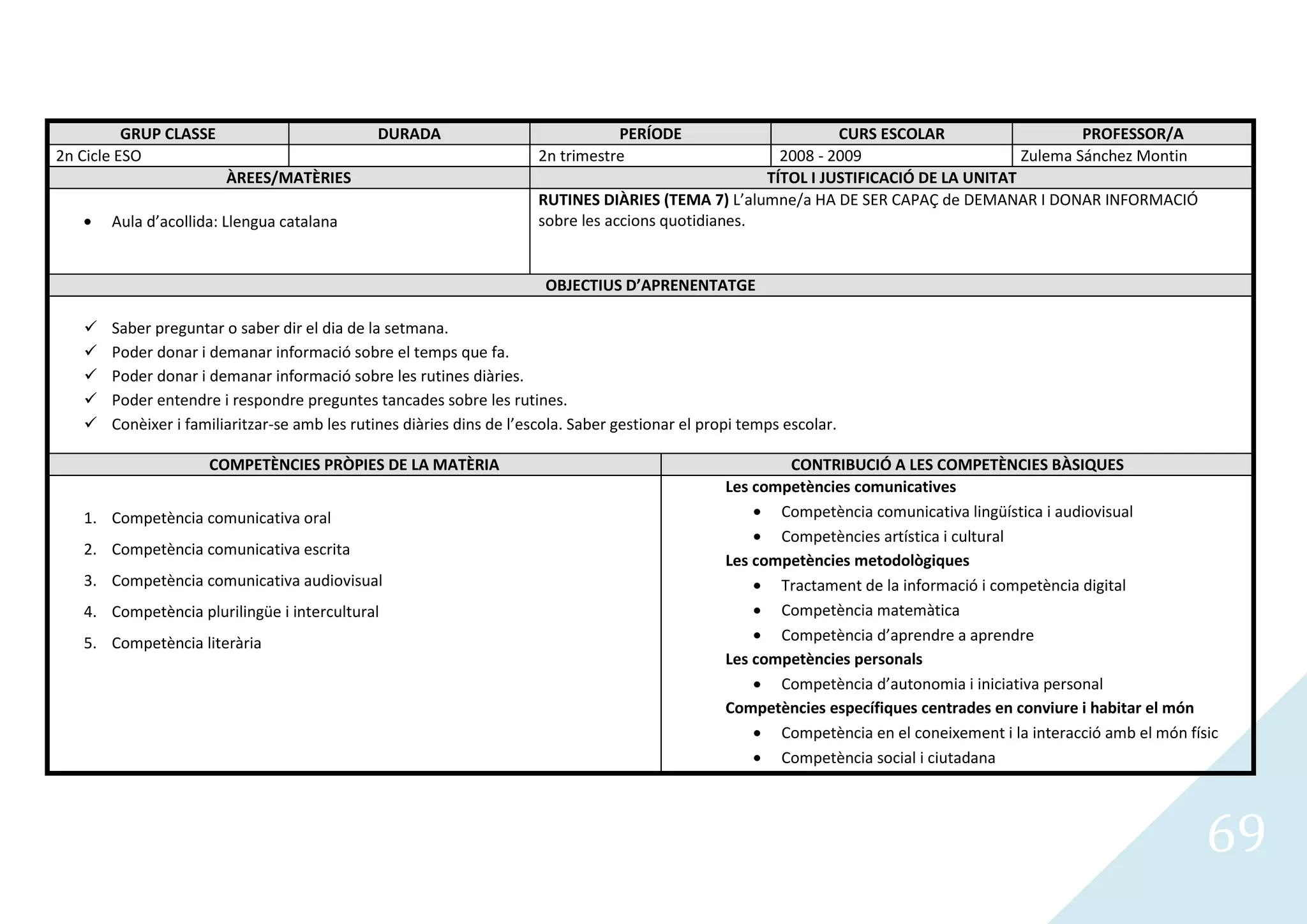 GRUP CLASSE                          DURADA                             PERÍODE                       CURS ESCOLAR                    PROFESSOR/A
2n Cicle ESO                                                           2n trimestre                     2008 - 2009                     Zulema Sánchez Montin
                        ÀREES/MATÈRIES                                                                TÍTOL I JUSTIFICACIÓ DE LA UNITAT
                                                                       RUTINES DIÀRIES (TEMA 7) L’alumne/a HA DE SER CAPAÇ de DEMANAR I DONAR INFORMACIÓ
       Aula d’acollida: Llengua catalana                               sobre les accions quotidianes.


                                                                        OBJECTIUS D’APRENENTATGE

      Saber preguntar o saber dir el dia de la setmana.
      Poder donar i demanar informació sobre el temps que fa.
      Poder donar i demanar informació sobre les rutines diàries.
      Poder entendre i respondre preguntes tancades sobre les rutines.
      Conèixer i familiaritzar-se amb les rutines diàries dins de l’escola. Saber gestionar el propi temps escolar.

                     COMPETÈNCIES PRÒPIES DE LA MATÈRIA                                                    CONTRIBUCIÓ A LES COMPETÈNCIES BÀSIQUES
                                                                                                   Les competències comunicatives
   1. Competència comunicativa oral                                                                       Competència comunicativa lingüística i audiovisual
                                                                                                          Competències artística i cultural
   2. Competència comunicativa escrita
                                                                                                   Les competències metodològiques
   3. Competència comunicativa audiovisual                                                                Tractament de la informació i competència digital
   4. Competència plurilingüe i intercultural                                                             Competència matemàtica
   5. Competència literària                                                                               Competència d’aprendre a aprendre
                                                                                                   Les competències personals
                                                                                                          Competència d’autonomia i iniciativa personal
                                                                                                   Competències específiques centrades en conviure i habitar el món
                                                                                                          Competència en el coneixement i la interacció amb el món físic
                                                                                                          Competència social i ciutadana




                                                                                                                                                                      69
 