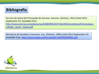 Bibliografía
Servicio de Salud del Principado de Asturias. Asturias. [Online].; 2011 [cited 2012
Septiembre 22. Available from:
http://www.asturias.es/webasturias/GOBIERNO/ACTUALIDAD/castellano/ficheros/guia_
cribado_cancer_mama.pdf.
Ministerio de Sanidad y Consumo. msc. [Online].; 2006 [cited 2012 Septiembre 23.
Available from: http://www.sergas.es/Docs/Avalia-t/AATRM200601.pdf.
 