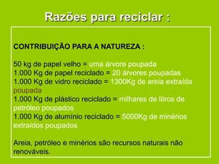Razões para reciclar :

CONTRIBUIÇÃO PARA A NATUREZA :

50 kg de papel velho = uma árvore poupada
1.000 Kg de papel reciclado = 20 árvores poupadas
1.000 Kg de vidro reciclado = 1300Kg de areia extraída
poupada
1.000 Kg de plástico reciclado = milhares de litros de
petróleo poupados
1.000 Kg de alumínio reciclado = 5000Kg de minérios
extraídos poupados

Areia, petróleo e minérios são recursos naturais não
renováveis.
 