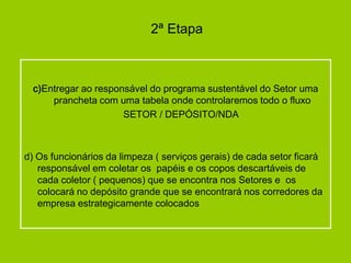 2ª Etapa



  c)Entregar ao responsável do programa sustentável do Setor uma
      prancheta com uma tabela onde controlaremos todo o fluxo
                      SETOR / DEPÓSITO/NDA



d) Os funcionários da limpeza ( serviços gerais) de cada setor ficará
   responsável em coletar os papéis e os copos descartáveis de
   cada coletor ( pequenos) que se encontra nos Setores e os
   colocará no depósito grande que se encontrará nos corredores da
   empresa estrategicamente colocados
 