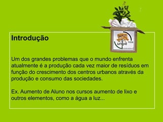 Introdução

Um dos grandes problemas que o mundo enfrenta
atualmente é a produção cada vez maior de resíduos em
função do crescimento dos centros urbanos através da
produção e consumo das sociedades.

Ex. Aumento de Aluno nos cursos aumento de lixo e
outros elementos, como a água a luz...
 