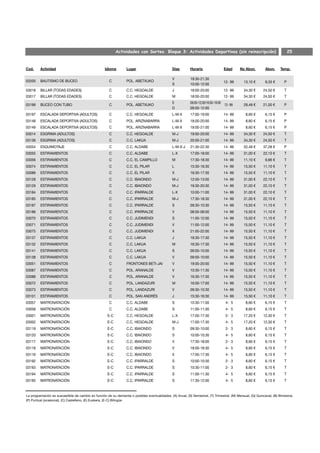 Actividades con Sorteo. Bloque 3: Actividades Deportivas (sin reinscripción)                                        25


Cod.     Actividad                                  Idioma        Lugar                         Días        Horario                Edad      No Abon.         Abon.     Temp.

                                                                                                V           19:30-21:30
03200    BAUTISMO DE BUCEO                             C          POL. ABETXUKO                                                    12- 99       13,10 €       9,33 €       P
                                                                                                S           10:00-12:00
03018    BILLAR (TODAS EDADES)                         C          C.C. HEGOALDE                 J           18:00-20:00            12- 99       34,30 €      24,50 €       T
03017    BILLAR (TODAS EDADES)                         C          C.C. HEGOALDE                 M           18:00-20:00            12- 99       34,30 €      24,50 €       T
                                                                                                S           09:00-12:00/16:00-19:00
03199    BUCEO CON TUBO                                C          POL. ABETXUKO                                                     12- 99      29,48 €      21,00 €       P
                                                                                                D           09:00-12:00
03197    ESCALADA DEPORTIVA (ADULTOS)                  C          C.C. HEGOALDE                 L-M-X       17:00-19:00            14- 99        8,60 €       6,15 €       P
03148    ESCALADA DEPORTIVA (ADULTOS)                  C          POL. ARIZNABARRA              L-M-X       18:00-20:00            14- 99        8,60 €       6,15 €       P
03149    ESCALADA DEPORTIVA (ADULTOS)                  C          POL. ARIZNABARRA              L-M-X       19:00-21:00            14- 99        8,60 €       6,15 €       P
03014    ESGRIMA (ADULTOS)                             C          C.C. HEGOALDE                 M-J         19:00-20:00            14- 99       34,30 €      24,50 €       T
03136    ESGRIMA (ADULTOS)                             C          C.C. LAKUA                    M-J         20:00-21:00            14- 99       34,30 €      24,50 €       T
03054    ESQUIMOTAJE                                   C          C.C. ALDABE                   L-M-X-J     21:30-22:30            14- 99       52,48 €      37,28 €       P
03055    ESTIRAMIENTOS                                 C          C.C. ALDABE                   L-X         17:00-18:00            14- 99       31,00 €      22,10 €       T
03056    ESTIRAMIENTOS                                 C          C.C. EL CAMPILLO              M           17:30-18:30            14- 99       11,10 €       6,66 €       T
03074    ESTIRAMIENTOS                                 C          C.C. EL PILAR                 L           15:30-16:30            14- 99       15,50 €      11,10 €       T
03089    ESTIRAMIENTOS                                 C          C.C. EL PILAR                 X           16:30-17:30            14- 99       15,50 €      11,10 €       T
03128    ESTIRAMIENTOS                                 C          C.C. IBAIONDO                 M-J         12:00-13:00            14- 99       31,00 €      22,10 €       T
03129    ESTIRAMIENTOS                                 C          C.C. IBAIONDO                 M-J         19:30-20:30            14- 99       31,00 €      22,10 €       T
03184    ESTIRAMIENTOS                                 C          C.C. IPARRALDE                L-X         10:00-11:00            14- 99       31,00 €      22,10 €       T
03185    ESTIRAMIENTOS                                 C          C.C. IPARRALDE                M-J         17:30-18:30            14- 99       31,00 €      22,10 €       T
03187    ESTIRAMIENTOS                                 C          C.C. IPARRALDE                S           09:30-10:30            14- 99       15,50 €      11,10 €       T
03186    ESTIRAMIENTOS                                 C          C.C. IPARRALDE                V           08:00-09:00            14- 99       15,50 €      11,10 €       T
03070    ESTIRAMIENTOS                                 C          C.C. JUDIMENDI                S           11:00-12:00            14- 99       15,50 €      11,10 €       T
03071    ESTIRAMIENTOS                                 C          C.C. JUDIMENDI                V           11:00-12:00            14- 99       15,50 €      11,10 €       T
03075    ESTIRAMIENTOS                                 C          C.C. JUDIMENDI                X           21:00-22:00            14- 99       15,50 €      11,10 €       T
03137    ESTIRAMIENTOS                                 C          C.C. LAKUA                    J           16:30-17:30            14- 99       15,50 €      11,10 €       T
03132    ESTIRAMIENTOS                                 C          C.C. LAKUA                    M           16:30-17:30            14- 99       15,50 €      11,10 €       T
03141    ESTIRAMIENTOS                                 C          C.C. LAKUA                    S           09:00-10:00            14- 99       15,50 €      11,10 €       T
03138    ESTIRAMIENTOS                                 C          C.C. LAKUA                    V           09:00-10:00            14- 99       15,50 €      11,10 €       T
03051    ESTIRAMIENTOS                                 C          FRONTONES BETI-JAI            V           19:00-20:00            14- 99       15,50 €      11,10 €       T
03087    ESTIRAMIENTOS                                 C          POL. ARANALDE                 V           10:30-11:30            14- 99       15,50 €      11,10 €       T
03088    ESTIRAMIENTOS                                 C          POL. ARANALDE                 V           16:30-17:30            14- 99       15,50 €      11,10 €       T
03072    ESTIRAMIENTOS                                 C          POL. LANDAZURI                M           16:00-17:00            14- 99       15,50 €      11,10 €       T
03073    ESTIRAMIENTOS                                 C          POL. LANDAZURI                V           09:30-10:30            14- 99       15,50 €      11,10 €       T
03101    ESTIRAMIENTOS                                 C          POL. SAN ANDRÉS               J           15:30-16:30            14- 99       15,50 €      11,10 €       T
03057    MATRONATACIÓN                                 C          C.C. ALDABE                   S           10:30-11:00             4- 5         8,60 €       6,15 €       T
03058    MATRONATACIÓN                                 C          C.C. ALDABE                   S           11:00-11:30             4- 5         8,60 €       6,15 €       T
03001    MATRONATACIÓN                               E-C          C.C. HEGOALDE                 L-X         17:00-17:30             2- 3        17,20 €      12,30 €       T
03002    MATRONATACIÓN                               E-C          C.C. HEGOALDE                 M-J         17:00-17:30             4- 5        17,20 €      12,30 €       T
03119    MATRONATACIÓN                               E-C          C.C. IBAIONDO                 S           09:30-10:00             2- 3         8,60 €       6,15 €       T
03120    MATRONATACIÓN                               E-C          C.C. IBAIONDO                 S           10:00-10:30             4- 5         8,60 €       6,15 €       T
03117    MATRONATACIÓN                               E-C          C.C. IBAIONDO                 V           17:30-18:00             2- 3         8,60 €       6,15 €       T
03118    MATRONATACIÓN                               E-C          C.C. IBAIONDO                 V           18:00-18:30             4- 5         8,60 €       6,15 €       T
03116    MATRONATACIÓN                               E-C          C.C. IBAIONDO                 X           17:00-17:30             4- 5         8,60 €       6,15 €       T
03192    MATRONATACIÓN                               E-C          C.C. IPARRALDE                S           10:00-10:30             2- 3         8,60 €       6,15 €       T
03193    MATRONATACIÓN                               E-C          C.C. IPARRALDE                S           10:30-11:00             2- 3         8,60 €       6,15 €       T
03194    MATRONATACIÓN                               E-C          C.C. IPARRALDE                S           11:00-11:30             4- 5         8,60 €       6,15 €       T
03195    MATRONATACIÓN                               E-C          C.C. IPARRALDE                S           11:30-12:00             4- 5         8,60 €       6,15 €       T


La programación es susceptible de cambio en función de su demanda o posibles eventualidades. (A) Anual, (S) Semestral, (T) Trimestral, (M) Mensual, (Q) Quincenal, (B) Bimestral,
(P) Puntual (ocasional), (C) Castellano, (E) Euskera, (E-C) Bilingüe
 