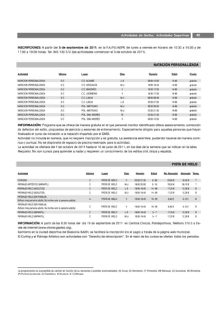 Actividades sin Sorteo. Actividades Deportivas                              45



INSCRIPCIONES: A partir del 5 de septiembre de 2011, en la F.A.P.V./AEPE de lunes a viernes en horario de 10:30 a 14:00 y de
17:00 a 19:00 horas. Tel: 945 130 572 (las actividades comienzan el 3 de octubre de 2011).




Actividad                                   Idioma               Lugar                              Días                        Horario             Edad                 Cuota

NATACION PERSONALIZADA                        E-C                C.C. ALDABE                        L-X                        09:00-10:30           14-99               gratuito
NATACION PERSONALIZADA                        E-C                C.C. HEGOALDE                      M-J                        19:00-19:45           14-99               gratuito
NATACION PERSONALIZADA                        E-C                C.C. IBAIONDO                       V                         16:30-17:30           14-99               gratuito
NATACION PERSONALIZADA                        E-C                C.C. JUDIMENDI                      V                         16:30-17:30           14-99               gratuito
NATACION PERSONALIZADA                        E-C                C.C. LAKUA                         M-J                        08:30-09:30           14-99               gratuito
NATACION PERSONALIZADA                        E-C                C.C. LAKUA                         L-X                        20:00-21:00           14-99               gratuito
NATACION PERSONALIZADA                        E-C                POL. ABETXUKO                      M-J                        08:30-09:30           14-99               gratuito
NATACION PERSONALIZADA                        E-C                POL. ABETXUKO                      M-J                        20:30-21:30           14-99               gratuito
NATACION PERSONALIZADA                        E-C                POL. SAN ANDRES                     M                         20:30-21:30           14-99               gratuito
NATACION PERSONALIZADA                        E-C                POL. SAN ANDRES                     X                         09:00-10:30           14-99               gratuito

INFORMACIÓN: Programa que se ofrece de manera gratuita en el que personal monitor identificado ofrece asesoramiento, corrección
de defectos del estilo, propuestas de ejercicio y sesiones de entrenamiento. Especialmente dirigido para aquellas personas que hayan
finalizado el curso de iniciación a la natación impartido por el DMD.
Actividad no incluida en sorteos, que no requiere inscripción y es gratuita. La asistencia será libre, pudiendo hacerse de manera conti-
nua o puntual. No se dispondrá de espacio de piscina reservado para la actividad.
La actividad se ofertará del 1 de octubre de 2011 hasta el 10 de junio de 2011, en los días de la semana que se indican en la tabla.
Requisito: No son cursos para aprender a nadar y requieren un conocimiento de los estilos crol, braza y espalda.




Actividad                                                            Idioma        Lugar                  Días    Horario         Edad       No Abonado      Abonado Temp.

CURLING                                                                  C         PISTA DE HIELO          V     20:00-21:30       8- 99        25,80 €        18,45 €         T
PATINAJE ARTÍSTICO (INFANTIL)                                            C         PISTA DE HIELO         M-J    19:00-20:00       8- 16        78,50 €        56,10 €         T
PATINAJE HIELO (ADULTOS)                                                 C         PISTA DE HIELO          L-X   19:00-19:45      14- 99        17,20 €        12,30 €         B
PATINAJE HIELO (ADULTOS)                                                 C         PISTA DE HIELO         M-J    19:00-19:45      14- 99        17,20 €        12,30 €         B
PATINAJE HIELO (EN FAMILIA)
                                                                         C         PISTA DE HIELO          V     18:00-18:45      18- 99         8,60 €        6,15 €          B
(Niña/o más persona adulta. Se incribe solo la persona adulta)
PATINAJE HIELO (EN FAMILIA)
                                                                         C         PISTA DE HIELO          V     19:00-19:45      18- 99         8,60 €        6,15 €          B
(Niña/o más persona adulta. Se incribe solo la persona adulta)
PATINAJE HIELO (INFANTIL)                                                C         PISTA DE HIELO          L-X   18:00-18:45       5- 7         17,20 €        12,30 €         B
PATINAJE HIELO (INFANTIL)                                                C         PISTA DE HIELO         M-J    18:00-18:45       5- 7         17,20 €        12,30 €         B

INFORMACIÓN: A partir de las 8:30 horas del día 19 de septiembre de 2011 en Centros Cívicos, Polideportivos, Teléfono 010 ó a tra-
vés de internet (www.vitoria-gasteiz.org).
Asimismo en la ciudad deportiva del Baskonia BAKH, se facilitará la inscripción (no el pago) a través de la página web municipal.
El Curling y el Patinaje Artístico son actividades con "Derecho de reinscripción". En el resto de los cursos se ofertan todos los períodos.




La programación es susceptible de cambio en función de su demanda o posibles eventualidades. (A) Anual, (S) Semestral, (T) Trimestral, (M) Mensual, (Q) Quincenal, (B) Bimestral,
(P) Puntual (ocasional), (C) Castellano, (E) Euskera, (E-C) Bilingüe
 