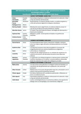 S04 Violencias, demandas de justicia y activismo legal: aproximaciones desde la
antropología política y jurídica
Coordinación: Débora Betrisey Nadali y Laura Calle Alzate
JUEVES 7 SEPTIEMBRE: 16:00-17:30
Anleu
Hernández
Claudia
María
Estereotipos de género y violencia institucional en la atención a hijos
e hijas de víctimas de feminicidio
Bermúdez
Torres
Anastasia Respondiendo a la violencia desde el exilio: un análisis de género y
crítico del activismo digital de la diáspora colombiana
Rodríguez Cruz Marta
Betrisey Nadali Débora Movilización social y legal frente a la violencia laboral y sexual: el
caso de las jornaleras de Huelva (Andalucía- España)
Morchón Gracia Janira El Pueblo Triqui del Estado de Oaxaca: estrategias de dominación e
historias de resistencia
Espinosa Díaz Camilo
Eduardo
Márgenes y poder. Construyendo el Estado en la periferia de
Colombia
Jiménez Aceros Erika
Tatiana
VIERNES 8 SEPTIEMBRE: 9:00-10:30
García García Elena Cis-hetereopatriarcado racista y opresiones múltiples: activismo
entre las mujeres negro-africanas y afrodescendientes en el Estado
Español
Gutiérrez Díaz Elena Los derechos humanos como discurso global en el proceso de
resignificación de los ex centros clandestinos en Argentina
Heini Céline ¿Terroristas vs. Yanakonas?
Producción de categorizaciones en un contexto de resistencia a la
violencia estructural y de demandas de justicia (zona Macrosur
chilena)
Lavanchy Anne
Martínez-
Leguízamo
Jeisson
Oswaldo
La reparación con enfoque de género e interseccional a víctimas del
conflicto colombiano en el exterior: acciones políticas y demandas
desde los colectivos de mujeres de la diáspora y el exilio
VIERNES 8 SEPTIEMBRE: 11:00-12:30
Ñáñez Ortiz Jimena Las ejecuciones extrajudiciales en la Región Caribe de Colombia ¿un
mecanismo de disciplinamiento de la población y de control del
territorio?
Oliver-Grasiot Esther Mediaciones en los juicios de genocidio maya ixil y articulación con el
sistema internacional de derechos humanos
Piñeiro Aguiar Eleder Del dilema Wollstonecraft a problemas patriarcales: reflexiones en
torno a la violencia vicaria
Zafra Aparici Eva Estereotipos de género y violencia institucional en la atención a hijos
e hijas de víctimas de feminicidio
Calle Alzate Laura Luchas contrahegemónicas en escenarios jurídicos ¿Una apuesta de
diálogo entre la antropología y los movimientos indígenas?
 