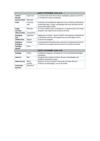 JUEVES 7 SEPTIEMBRE: 12:45-14:15
Lancina
Murillo
Josep Lluís La construcción local de lo natural. Ecologistas, payeses y turismos
en el delta del Tordera (Cataluña)
Sucarrat Viola Meritxell
Preiti Francisco
José
Incendios en humedales de Argentina como conflictos ambientales
contemporáneos. Estudio antropológico del caso del Delta del Río
Paraná (año 2020 a 2022)
Pulgar
Corrotea
Miroslav Un marco analítico para la emergencia y transformación del campo
pesquero: dos experiencias históricas en Chile
Villarroel Ríos Constantino
Rodríguez
Pais
Alejandro Adaptarnos al Volcán: `Revivir el Valle´ como agente canalizador de
la identidad colectiva y de la gobernanza socioecológica tras la
Erupción de Tajogaite
Villalba Silva Miguel
Rodríguez
Rodríguez
Carmen La incorporación del patrimonio cultural y el conocimiento local en
el diseño de estrategias de prevención de incendios forestales
Santiago-
Gómez
Elvira
JUEVES 7 SEPTIEMBRE: 16:00-17:30
Santiago Emilio Ecologismo colapsista: aproximación a una sensibilidad ideológica
emergente
Satorras Mar Etnografiando la pobreza hídrica: Nuevas metodologías para
visibilizar situaciones ocultas
Gálvez García María
Cristina
Repensar el turismo desde la óptica de los trade-offs de la
resiliencia socioecológica: el caso de Sevilla
Hernández
Ramírez
Macarena
 