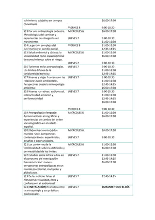 sufrimiento subjetivo en tiempos
convulsivos
VIERNES 8
16:00-17:30
9:00-10:30
S13 Por una antropología pedestre.
Metodologías del caminar y
experiencias de etnografías en
movimiento
MIÉRCOLES 6
JUEVES 7
16:00-17:30
9:00-10:30
11:00-12:30
S14 La gestión compleja del
patrimonio y el cambio social.
VIERNES 8 11:00-12:30
12:45-14:15
S15 Salud ambiental y tóxicos: la
sensorialidad como espacio liminal
de conocimientos sobre el riesgo.
MIÉRCOLES 6
JUEVES 7
11:00-12:30
16:00-17:30
9:00-10:30
S16 Turismos en las antropologías.
Los límites difusos de la
cotidianeidad turística
JUEVES 7 9:00-10:30
11:00-12:30
12:45-14:15
S17 Nuevas y viejas fronteras en las
relaciones socio-ambientales.
Perspectivas desde la Antropología
ambiental
JUEVES 7 9:00-10:30
11:00-12:30
12:45-14:15
16:00-17:30
S18 Nuevas narrativas: audiovisual,
interactividad, emoción y
performatividad
JUEVES 7
VIERNES 8
9:00-10:30
11:00-12:30
12:45-14:15
16:00-17:30
9:00-10:30
S19 Antropología y lenguaje:
Aproximaciones etnográficas y
experiencias de cambio del orden
sociolingüístico en el estado
español.
MIÉRCOLES 6 11:00-12:30
16:00-17:30
S20 (Re)conhecimento(s) dos
mundos rurais camponeses
contemporâneos: experiências,
desafios e oportunidades.
MIÉRCOLES 6
JUEVES 7
16:00-17:30
9:00-10:30
S21 Los contornos de la
territorialidad: sobre la definición y
permeabilidad de los límites.
MIÉRCOLES 6 11:00-12:30
16:00-17:30
S22 Estudios sobre África y Asia en
el panorama de investigación
iberoamericano: nuevas
perspectivas antropológicas en un
mundo poscolonial, multipolar y
globalizado.
JUEVES 7 11:00-12:30
12:45-14:15
16:00-17:30
S23 De las noticias falsas al
metaverso: visualidad, ética y
confianza en el audiovisual
JUEVES 7 12:45-14:15
S24 (INSTALACIÓN) Tránsitos entre
la antropología y sus prácticas
profesionales
JUEVES 7 DURANTE TODO EL DÍA
 