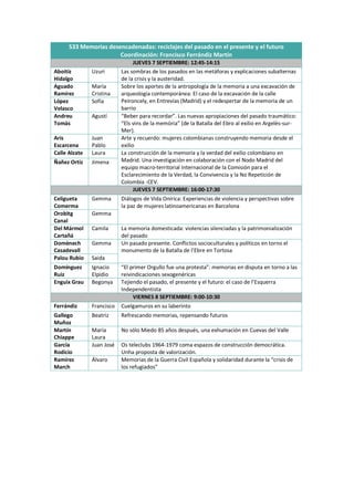 S33 Memorias desencadenadas: reciclajes del pasado en el presente y el futuro
Coordinación: Francisco Ferrándiz Martín
JUEVES 7 SEPTIEMBRE: 12:45-14:15
Aboitiz
Hidalgo
Uzuri Las sombras de los pasados en las metáforas y explicaciones subalternas
de la crisis y la austeridad.
Aguado
Ramírez
María
Cristina
Sobre los aportes de la antropología de la memoria a una excavación de
arqueología contemporánea: El caso de la excavación de la calle
Peironcely, en Entrevías (Madrid) y el redespertar de la memoria de un
barrio
López
Velasco
Sofía
Andreu
Tomàs
Agustí “Beber para recordar”. Las nuevas apropiaciones del pasado traumático:
“Els vins de la memòria” (de la Batalla del Ebro al exilio en Argelès-sur-
Mer).
Aris
Escarcena
Juan
Pablo
Arte y recuerdo: mujeres colombianas construyendo memoria desde el
exilio
Calle Alzate Laura La construcción de la memoria y la verdad del exilio colombiano en
Madrid. Una investigación en colaboración con el Nodo Madrid del
equipo macro-territorial Internacional de la Comisión para el
Esclarecimiento de la Verdad, la Convivencia y la No Repetición de
Colombia -CEV.
Ñañez Ortiz Jimena
JUEVES 7 SEPTIEMBRE: 16:00-17:30
Celigueta
Comerma
Gemma Diálogos de Vida Onírica: Experiencias de violencia y perspectivas sobre
la paz de mujeres latinoamericanas en Barcelona
Orobitg
Canal
Gemma
Del Mármol
Cartañá
Camila La memoria domesticada: violencias silenciadas y la patrimonialización
del pasado
Domènech
Casadevall
Gemma Un pasado presente. Conflictos socioculturales y políticos en torno el
monumento de la Batalla de l’Ebre en Tortosa
Palou Rubio Saida
Domínguez
Ruiz
Ignacio
Elpidio
“El primer Orgullo fue una protesta”: memorias en disputa en torno a las
reivindicaciones sexogenéricas
Enguix Grau Begonya Tejiendo el pasado, el presente y el futuro: el caso de l’Esquerra
Independentista
VIERNES 8 SEPTIEMBRE: 9:00-10:30
Ferrándiz Francisco Cuelgamuros en su laberinto
Gallego
Muñoz
Beatriz Refrescando memorias, repensando futuros
Martín
Chiappe
María
Laura
No sólo Miedo 85 años después, una exhumación en Cuevas del Valle
García
Rodicio
Juan José Os teleclubs 1964-1979 coma espazos de construcción democrática.
Unha proposta de valorización.
Ramírez
March
Álvaro Memorias de la Guerra Civil Española y solidaridad durante la “crisis de
los refugiados”
 