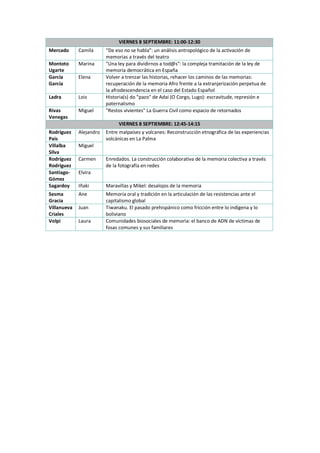 VIERNES 8 SEPTIEMBRE: 11:00-12:30
Mercado Camila “De eso no se habla”: un análisis antropológico de la activación de
memorias a través del teatro
Montoto
Ugarte
Marina "Una ley para dividirnos a tod@s": la compleja tramitación de la ley de
memoria democrática en España
García
García
Elena Volver a trenzar las historias, rehacer los caminos de las memorias:
recuperación de la memoria Afro frente a la extranjerización perpetua de
la afrodescendencia en el caso del Estado Español
Ladra Lois Historia(s) do "pazo" de Adai (O Corgo, Lugo): escravitude, represión e
paternalismo
Rivas
Venegas
Miguel "Restos vivientes" La Guerra Civil como espacio de retornados
VIERNES 8 SEPTIEMBRE: 12:45-14:15
Rodríguez
Pais
Alejandro Entre malpaíses y volcanes: Reconstrucción etnográfica de las experiencias
volcánicas en La Palma
Villalba
Silva
Miguel
Rodríguez
Rodríguez
Carmen Enredados. La construcción colaborativa de la memoria colectiva a través
de la fotografía en redes
Santiago-
Gómez
Elvira
Sagardoy Iñaki Maravillas y Mikel: desalojos de la memoria
Sesma
Gracia
Ane Memoria oral y tradición en la articulación de las resistencias ante el
capitalismo global
Villanueva
Criales
Juan Tiwanaku. El pasado prehispánico como fricción entre lo indígena y lo
boliviano
Volpi Laura Comunidades biosociales de memoria: el banco de ADN de víctimas de
fosas comunes y sus familiares
 