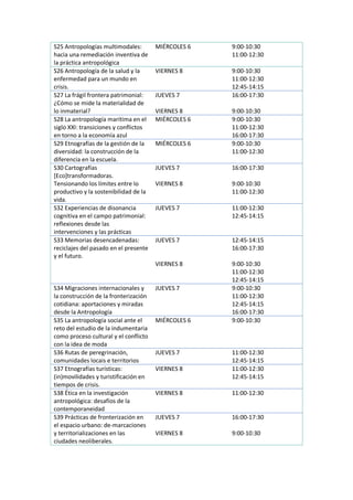 S25 Antropologías multimodales:
hacia una remediación inventiva de
la práctica antropológica
MIÉRCOLES 6 9:00-10:30
11:00-12:30
S26 Antropología de la salud y la
enfermedad para un mundo en
crisis.
VIERNES 8 9:00-10:30
11:00-12:30
12:45-14:15
S27 La frágil frontera patrimonial:
¿Cómo se mide la materialidad de
lo inmaterial?
JUEVES 7
VIERNES 8
16:00-17:30
9:00-10:30
S28 La antropología marítima en el
siglo XXI: transiciones y conflictos
en torno a la economía azul
MIÉRCOLES 6 9:00-10:30
11:00-12:30
16:00-17:30
S29 Etnografías de la gestión de la
diversidad: la construcción de la
diferencia en la escuela.
MIÉRCOLES 6 9:00-10:30
11:00-12:30
S30 Cartografías
[Eco]transformadoras.
Tensionando los límites entre lo
productivo y la sostenibilidad de la
vida.
JUEVES 7
VIERNES 8
16:00-17:30
9:00-10:30
11:00-12:30
S32 Experiencias de disonancia
cognitiva en el campo patrimonial:
reflexiones desde las
intervenciones y las prácticas
JUEVES 7 11:00-12:30
12:45-14:15
S33 Memorias desencadenadas:
reciclajes del pasado en el presente
y el futuro.
JUEVES 7
VIERNES 8
12:45-14:15
16:00-17:30
9:00-10:30
11:00-12:30
12:45-14:15
S34 Migraciones internacionales y
la construcción de la fronterización
cotidiana: aportaciones y miradas
desde la Antropología
JUEVES 7 9:00-10:30
11:00-12:30
12:45-14:15
16:00-17:30
S35 La antropología social ante el
reto del estudio de la indumentaria
como proceso cultural y el conflicto
con la idea de moda
MIÉRCOLES 6 9:00-10:30
S36 Rutas de peregrinación,
comunidades locais e territorios
JUEVES 7 11:00-12:30
12:45-14:15
S37 Etnografías turísticas:
(in)movilidades y turistificación en
tiempos de crisis.
VIERNES 8 11:00-12:30
12:45-14:15
S38 Ética en la investigación
antropológica: desafíos de la
contemporaneidad
VIERNES 8 11:00-12:30
S39 Prácticas de fronterización en
el espacio urbano: de-marcaciones
y territorializaciones en las
ciudades neoliberales.
JUEVES 7
VIERNES 8
16:00-17:30
9:00-10:30
 