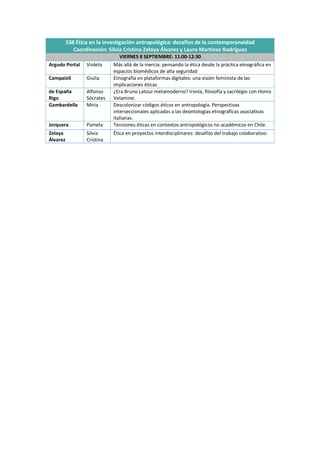 S38 Ética en la investigación antropológica: desafíos de la contemporaneidad
Coordinación: Silvia Cristina Zelaya Álvarez y Laura Martínez Rodríguez
VIERNES 8 SEPTIEMBRE: 11:00-12:30
Argudo Portal Violeta Más allá de la inercia: pensando la ética desde la práctica etnográfica en
espacios biomédicos de alta seguridad
Campaioli Giulia Etnografía en plataformas digitales: una visión feminista de las
implicaciones éticas
de España
Rigo
Alfonso
Sócrates
¿Era Bruno Latour metamoderno? Ironía, filosofía y sacrilegio con Homo
Velamine.
Gambardella Miria Descolonizar códigos éticos en antropología. Perspectivas
interseccionales aplicadas a las deontologías etnográficas asociativas
italianas.
Jorquera Pamela Tensiones éticas en contextos antropológicos no académicos en Chile.
Zelaya
Álvarez
Silvia
Cristina
Ética en proyectos interdisciplinares: desafíos del trabajo colaborativo
 