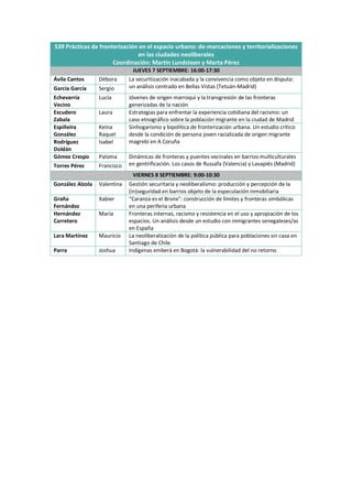 S39 Prácticas de fronterización en el espacio urbano: de-marcaciones y territorializaciones
en las ciudades neoliberales
Coordinación: Martin Lundsteen y Marta Pérez
JUEVES 7 SEPTIEMBRE: 16:00-17:30
Ávila Cantos Débora La securitización inacabada y la convivencia como objeto en disputa:
un análisis centrado en Bellas Vistas (Tetuán-Madrid)
García García Sergio
Echevarría
Vecino
Lucía Jóvenes de origen marroquí y la transgresión de las fronteras
generizadas de la nación
Escudero
Zabala
Laura Estrategias para enfrentar la experiencia cotidiana del racismo: un
caso etnográfico sobre la población migrante en la ciudad de Madrid
Espiñeira
González
Keina
Raquel
Sinhogarismo y bipolítica de fronterización urbana. Un estudio crítico
desde la condición de persona joven racializada de origen migrante
magrebí en A Coruña
Rodríguez
Doldán
Isabel
Gómez Crespo Paloma Dinámicas de fronteras y puentes vecinales en barrios multiculturales
en gentrificación. Los casos de Russafa (Valencia) y Lavapiés (Madrid)
Torres Pérez Francisco
VIERNES 8 SEPTIEMBRE: 9:00-10:30
González Alzola Valentina Gestión securitaria y neoliberalismo: producción y percepción de la
(in)seguridad en barrios objeto de la especulación inmobiliaria
Graña
Fernández
Xabier “Caranza es el Bronx”: construcción de límites y fronteras simbólicas
en una periferia urbana
Hernández
Carretero
María Fronteras internas, racismo y resistencia en el uso y apropiación de los
espacios. Un análisis desde un estudio con inmigrantes senegaleses/as
en España
Lara Martínez Mauricio La neoliberalización de la política pública para poblaciones sin casa en
Santiago de Chile
Parra Joshua Indígenas emberá en Bogotá: la vulnerabilidad del no retorno
 