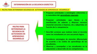 DETERMINACIÓN DE LA SECUENCIA DIDÁCTICA
 PAUTAS PARA DETERMINAR SECUENCIA DE ACTIVIDADES DE APRENDIZAJE: DESARROLLO
 Proponer actividades y estrategias coherentes a
la naturaleza del aprendizaje esperado.
 Proponer actividades que lleven a la
movilización de saberes y diversos recursos
(material concreto e impreso, etc.) adquiridos en
función de la competencia.
 Describir acciones que realizan tanto el docente
como los estudiantes en una secuencia lógica.
 Considerar estrategias de atención diferenciada
de acuerdo a los estilos de aprendizaje de los
estudiantes.
 Observar y acompañar a los estudiantes en la
adquisición y desarrollo de las competencias.
PAUTAS PARA
DETERMINAR LA
SECUENCIA DE
ACTIVIDADES DE
APRENDIZAJE:
DESARROLLO
 
