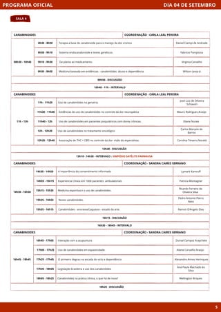 DIA 04 DE SETEMBRO
SALA 4
PROGRAMA OFICIAL
5
CANABINOIDES
08h30 - 10h40
09h50 - DISCUSSÃO
8h30 - 8h50 Terapia a base de canabinoide para o manejo da dor cronica
8h50 - 9h10
9h10 - 9h30
9h30 - 9h50
10h40 - 11h - INTERVALO
COORDENAÇÃO - CARLA LEAL PEREIRA
CANABINOIDES
11h - 13h
12h40 - DISCUSSÃO
11h - 11h20 Uso de canabinóides na geriatria.
11h20 - 11h40 Evidências do uso de canabinóides no controle da dor neuropática
11h40 - 12h Uso de canabinóides em pacientes psiquiátricos com dores crônicas.
12h - 12h20 Uso de canabinóides no tratamento oncológico
12h20 - 12h40 Associação de THC + CBD no controle da dor: visão do especialista.
13h10 - 14h30 - INTERVALO - SIMPÓSIO SATÉLITE FARMAUSA
COORDENAÇÃO - CARLA LEAL PEREIRA
CANABINOIDES
16h15 - DISCUSSÃO
A importância do consentimento informado
Experiencia Clinica em 1000 pacientes ambulatoriais
Medicina esportiva e o uso de canabinóides.
Novos canabinóides.
Canabinóides - anorexia/Caquexia - estado da arte.
16h30 - 16h45 - INTERVALO
COORDENAÇÃO - SANDRA CAIRES SERRANO
CANABINOIDES
16h45 - 18h45
18h25 - DISCUSSÃO
Interação com a acupuntura
Uso de canabinóides em espasticidade.
O primeiro degrau na escada do vicio e dependência
Legislação brasileira e uso dos canabinóides
Canabinóides na prática clínica, o que há de novo?
COORDENAÇÃO - SANDRA CAIRES SERRANO
16h45 - 17h05
17h05 - 17h25
17h25 - 17h45
17h45 - 18h05
18h05 - 18h25
Daniel Ciampi de Andrade
Sistema endocanabinóide e testes genéticos.
Da planta ao medicamento
Medicina baseada em evidências - canabinóides: abuso e dependência
Fabrício Pamplona
Virginia Carvalho
Wilson Lessa Jr.
José Luiz de Oliveira
Schiavon
Mauro Rodrigues Araújo
Eliane Nunes
Carlos Marcelo de
Barros
Carolina Teixeira Nocetti
Lymark Kamroff
Patricia Montagner
Ricardo Ferreira de
Oliveira Silva
Pedro Antonio Pierro
Neto
Ramon D’Angelo Dias
Durval Campos Kraychete
Ailane Carvalho Araújo
Alexandre Annes Herinques
Ana Paula Machado da
Silva
Wellington Briques
14h30 - 14h50
14h55 - 15h15
15h15 - 15h35
15h35 - 15h55
15h55 - 16h15
14h30 - 16h30
 