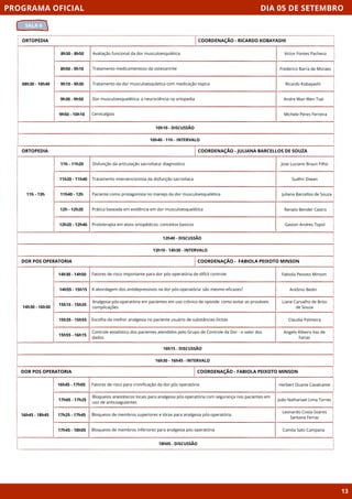 DIA 05 DE SETEMBRO
SALA 6
PROGRAMA OFICIAL
13
ORTOPEDIA
08h30 - 10h40
10h10 - DISCUSSÃO
8h30 - 8h50 Avaliação funcional da dor musculoesqulética
8h50 - 9h10 Tratamento medicamentoso da osteoartrite
9h10 - 9h30 Tratamento da dor musculoesquletica com medicação topica
9h30 - 9h50 Dor musculoesquelética: a neurociência na ortopedia
9h50 - 10h10 Cervicalgias
10h40 - 11h - INTERVALO
COORDENAÇÃO - RICARDO KOBAYASHI
ORTOPEDIA
11h - 13h
12h40 - DISCUSSÃO
11h - 11h20 Disfunção da articulação sacroiliaca: diagnostico
11h20 - 11h40 Tratamento intervencionista da disfunção sacroiliaca
11h40 - 12h Paciente como protagonista no manejo da dor musculoesquelética
12h - 12h20 Prática baseada em evidência em dor musculoesquelética
12h20 - 12h40 Proloterapia em alvos ortopédicos: conceitos basicos
13h10 - 14h30 - INTERVALO
COORDENAÇÃO - JULIANA BARCELLOS DE SOUZA
DOR POS OPERATORIA
16h15 - DISCUSSÃO
Fatores de risco importante para dor pós-operatória de difícil controle
A abordagem dos antidepressivos na dor pós-operatória: são mesmo eficazes?
Analgesia pós-operatória em pacientes em uso crônico de opioide: como evitar as prováveis
complicações
Escolha da melhor analgesia no paciente usuário de substâncias ilícitas
Controle estatístico dos pacientes atendidos pelo Grupo de Controle da Dor - o valor dos
dados
16h30 - 16h45 - INTERVALO
COORDENAÇÃO - FABIOLA PEIXOTO MINSON
DOR POS OPERATORIA
16h45 - 18h45
18h05 - DISCUSSÃO
Fatores de risco para cronificação da dor pós operatória
Bloqueios anestésicos locais para analgesia pós-operatória com segurança nos pacientes em
uso de anticoagulantes
COORDENAÇÃO - FABIOLA PEIXOTO MINSON
16h45 - 17h05
17h05 - 17h25
17h25 - 17h45
17h45 - 18h05
Victor Fontes Pacheco
Frederico Barra de Moraes
Ricardo Kobayashi
Andre Wan Wen Tsai
Michele Peres Ferreira
Jose Luciano Braun Filho
Sudhir Diwan
Juliana Barcellos de Souza
Renato Bender Castro
Gaston Andres Topol
Fabiola Peixoto Minson
Antônio Bedin
Liane Carvalho de Brito
de Souza
Claudia Palmeira
Angelo Ribeiro Vaz de
Farias
Herbert Duarte Cavalcante
João Nathanael Lima Torres
Bloqueios de membros superiores e tórax para analgesia pós-operatória
Bloqueios de membros inferiores para analgesia pós-operatória
Leonardo Costa Soares
Santana Ferraz
Camila Sato Campana
14h30 - 14h50
14h55 - 15h15
15h15 - 15h35
15h35 - 15h55
15h55 - 16h15
14h30 - 16h30
 