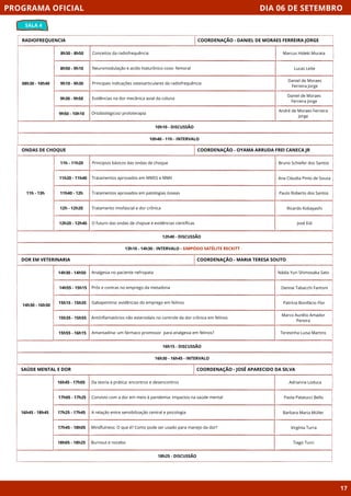 DIA 06 DE SETEMBRO
SALA 4
PROGRAMA OFICIAL
17
RADIOFREQUENCIA
08h30 - 10h40
10h10 - DISCUSSÃO
8h30 - 8h50 Conceitos da radiofrequência
8h50 - 9h10 Neuromodulação e acido hialurônico coxo- femoral
9h10 - 9h30 Principais indicações osteoarticulares da radiofrequência
9h30 - 9h50 Evidências na dor mecânica axial da coluna
9h50 - 10h10 Ortobiológicos/ proloterapia
10h40 - 11h - INTERVALO
COORDENAÇÃO - DANIEL DE MORAES FERREIRA JORGE
ONDAS DE CHOQUE
11h - 13h
12h40 - DISCUSSÃO
11h - 11h20 Principios básicos das ondas de choque
11h20 - 11h40 Tratamentos aprovados em MMSS e MMII
11h40 - 12h Tratamentos aprovados em patologias ósseas
12h - 12h20 Tratamento miofascial e dor crônica
12h20 - 12h40 O futuro das ondas de chqoue e evidências científicas
13h10 - 14h30 - INTERVALO - SIMPÓSIO SATÉLITE RECKITT
COORDENAÇÃO - OYAMA ARRUDA FREI CANECA JR
DOR EM VETERINARIA
16h15 - DISCUSSÃO
Analgesia no paciente nefropata
Prós e contras no emprego da metadona
Gabapentina: evidências do emprego em felinos
Antiinflamatórios não esteroidais no controle da dor crônica em felinos
Amantadina: um fármaco promissor para analgesia em felinos?
16h30 - 16h45 - INTERVALO
COORDENAÇÃO - MARIA TERESA SOUTO
SAÚDE MENTAL E DOR
16h45 - 18h45
18h25 - DISCUSSÃO
Da teoria à prática: encontros e desencontros
Convívio com a dor em meio à pandemia: Impactos na saúde mental
A relação entre sensibilização central e psicologia
Mindfulness: O que é? Como pode ser usado para manejo da dor?
Burnout e nocebo
COORDENAÇÃO - JOSÉ APARECIDO DA SILVA
16h45 - 17h05
17h05 - 17h25
17h25 - 17h45
17h45 - 18h05
18h05 - 18h25
Marcus Hideki Murata
Lucas Leite
Daniel de Moraes
Ferreira Jorge
Daniel de Moraes
Ferreira Jorge
André de Moraes Ferreira
Jorge
Bruno Schiefer dos Santos
Ana Cláudia Pinto de Souza
Paulo Roberto dos Santos
Ricardo Kobayashi
José Eid
Nádia Yuri Shimosaka Sato
Denise Tabacchi Fantoni
Patrícia Bonifácio Flor
Marco Aurélio Amador
Pereira
Teresinha Luisa Martins
Adrianna Loduca
Paola Palatucci Bello
Barbara Maria Müller
Virgínia Turra
Tiago Turci
14h30 - 14h50
14h55 - 15h15
15h15 - 15h35
15h35 - 15h55
15h55 - 16h15
14h30 - 16h30
 