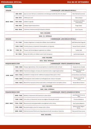 DIA 06 DE SETEMBRO
SALA 5
PROGRAMA OFICIAL
18
CEFALEIA
08h30 - 10h40
10h10 - DISCUSSÃO
8h30 - 8h50 Quais os novos fármacos e tratamentos com destaque mundial das dores de cabeça?
8h50 - 9h10 Cefaleia pós covid
9h10 - 9h30 Cefaleia e cognição
9h30 - 9h50 Cefaleias trigeminoautonômico
9h50 - 10h10 Tratamento intervencionista da Enxaqueca refrataria
10h40 - 11h - INTERVALO
COORDENAÇÃO - JOSE GERALDO SPECIALLI
CEFALEIA
11h - 13h
12h20 - DISCUSSÃO
11h - 11h20 Terapias integrativas no manejo das cefaleias: atuais evidências
11h20 - 11h40 Conceitos atuais no tratamento fisioterapêutico na migranea
11h40 - 12h Terapias não-farmacológicas na gestante com cefaleia
12h - 12h20 Manejo da mulher com cefaleia na peri e pós-menopausa
13h10 - 14h30 - INTERVALO
COORDENAÇÃO - JOSE GERALDO SPECIALLI
PESQUISA BASICA E DOR
16h15 - DISCUSSÃO
Terapias regenerativas: Uma nova perspectiva no tratamento da dor articular
Tratamentos biologicos: em busca do tratamento da dor e regeneração tecidual
Canabidiol no manejo da dor: evidências da pesquisa básica para a clínica
Participação do córtex cerebral na cronificação da dor crônica e neuropátic
Mecanismos neurais do córtex insular sobre a modulação da dor neuropática crônica
16h30 - 16h45 - INTERVALO
COORDENAÇÃO - RENATO LEONARDO DE FREITAS
PESQUISA BASICA E DOR
16h45 - 18h45
18h25 - DISCUSSÃO
Modelos e mecanismos da acupuntura no alívio da dor
Como seria os mecanismos neurais da analgesia induzida pela música?
Mecanismos de neuroplasticidade e neurogênese na dor crônica
Neuroestimulação cortical no manejo da dor crônica
Potencial da toxina Pha1β como droga adjuvante da dor associada ao melanoma
COORDENAÇÃO - RENATO LEONARDO DE FREITAS
16h45 - 17h05
17h05 - 17h25
17h25 - 17h45
17h45 - 18h05
18h05 - 18h25
Elder Machado Sarmento
Márcio Nattan
Caio Vinicius de Meira
Grava Simioni
Thiago Avelar
Cesar Carcamo
João Batista Alves Segundo
Samuel Straceri Lodovichi
Suellen Abib
José Geraldo Spezialli
Cláudia Herrera Tambeli
Alessandro Queiroz de
Mesquita
Christie Ramos Leite Panissi
Renato Leonardo de
Freitas
Renata Martins Pereira
Josie Resende Torres da
Silva
Priscila de Medeiros
Ana Carolina Medeiros
Sylmara Esther Negrini
Ferrari
Celio Jose de Castro Junior
14h30 - 14h50
14h55 - 15h15
15h15 - 15h35
15h35 - 15h55
15h55 - 16h15
14h30 - 16h30
 