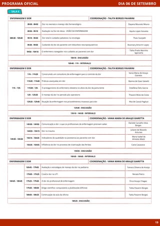 DIA 06 DE SETEMBRO
SALA 6
PROGRAMA OFICIAL
19
ENFERMAGEM E DOR
08h30 - 10h40
10h10 - DISCUSSÃO
8h30 - 8h50 Dor no neonato e manejo não farmacológico
8h50 - 9h10 Avaliação na Dor do Idoso - VISÃO DA ENFERMAGEM
9h10 - 9h30 Dor total e cuidados paliativos na oncologia
9h30 - 9h50 Cuidando da dor do paciente com disturbios neuropsiquiatricos
9h50 - 10h10 O enfermeiro navegador nos cuidados ao paciente com dor
10h40 - 11h - INTERVALO
COORDENAÇÃO - TALITA BORGES PAVARINI
ENFERMAGEM E DOR
11h - 13h
12h40 - DISCUSSÃO
11h - 11h20 Construindo um consultorio de enfermagem para o controle da dor
11h20 - 11h40 Práticas avançadas em dor
11h40 - 12h O protagonismo do enfermeiro obstetra no alívio da dor da parturiente
12h - 12h20 O manejo da dor no periodo pós operatorio
12h20 - 12h40 Atuação da enfermagem nos procedimentos invasivos para dor
13h10 - 14h30 - INTERVALO
COORDENAÇÃO - TALITA BORGES PAVARINI
ENFERMAGEM E DOR
15h55 - DISCUSSÃO
Comunicação e dor: o que os profissionais de enfermagem precisam saber
Dor no trauma
Indicadores de qualidade na assistencia ao paciente com dor
Influência da dor no processo de cicatrização das feridas
16h30 - 16h45 - INTERVALO
COORDENAÇÃO - VANIA MARIA DE ARAUJO GIARETTA
ENFERMAGEM E DOR
16h45 - 18h45
18h25 - DISCUSSÃO
Avaliação e estratégias de manejo da dor na pediatria
Covid e dor na UTI
A dor do profissional de enfermagem
Artigo cientifico: conquistanto a plublicacão (Oficina)
Continuação da aula da oficina
COORDENAÇÃO - VANIA MARIA DE ARAUJO GIARETTA
16h45 - 17h05
17h05 - 17h25
17h25 - 17h45
17h45 - 18h05
18h05 - 18h25
Dayana Mourato Moura
Aquila Lopes Gouveia
Thais Scarpelli
Rosimary Amorim Lopes
Talita Prado Marinho
Sganzerla
Vania Maria de Araujo
Giaretta
Marina de Goes Salvetti
Estefânia Felix Garcia
Thaiane Mota da Costa
Rita de Cassia Pagliusi
Daniele Carvalho Silva
Borges
Juliane de Macedo
Antunes
Maria Isabel de
Almeida Mietti
Carla Cavazana
Tainara Oliveira de Araújo
Renata Pietro
Érica Araujo Chagas
Talita Pavarini Borges
Talita Pavarini Borges
14h30 - 14h50
14h55 - 15h15
15h15 - 15h35
15h35 - 15h55
14h30 - 16h30
 