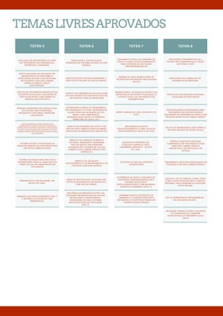 TEMASLIVRESAPROVADOS
TOTEN 5
EDUCAÇÃO EM NEUROCIÊNCIA DA DOR,
NO TRATAMENTO DA FIBROMIALGIA,
DEPRESSÃO E ANSIEDADE.
EFEITO ADICIONAL DA EDUCAÇÃO EM
NEUROCIÊNCIA DA DOR SOBRE A
INTENSIDADE DA DOR E INCAPACIDADE
EM PACIENTES COM DOR LOMBAR
CRÔNICA: ENSAIO CLÍNICO
ALEATORIZADO
EFEITOS DO TRATAMENTO MANIPULATIVO
OSTEOPÁTICO NA DOR E QUALIDADE DE
VIDA DE PACIENTES COM LOMBALGIA
CRÔNICA NÃO ESPECÍFICA
EPIDURAL MORPHINE FOR CHRONIC PAIN
IN A PATIENT WITH PERIPHERAL
NEUROPATHY AND DRESS SYNDROME.
CASE REPORT
EXISTE DIFERENÇAS ENTRE EXERCÍCIOS DE
ALONGAMENTO GLOBAL POR AUTO POSTURAS E
EXERCÍCIOS DE CONTROLE MOTOR NA INTENSIDADE
DE DOR E INCAPACIDADE EM PACIENTES COM DOR
LOMBAR CRÔNICA NÃO ESPECÍFICA? ENSAIO CLÍNICO
ALEATORIZADO
FATORES DE RISCO ASSOCIADOS AO
DESENVOLVIMENTO DE DOR PERSISTENTE
EM IDOSOS AMBULATORIAIS
FATORES DE RISCOS PARA DOR, VÍCIO,
INCAPACIDADE CERVICAL ASSOCIADO AO
TEMPO DE USO NO SMARTPHONE EM
ESTUDANTES
FIBROMIALGIA E INCAPACIDADE: UM
RELATO DE CASO.
FIBROMYALGIA RAPID SCREENING TOOL E
O RASTREIO DE PACIENTES COM
FIBROMIALGIA
TOTEN 6
FRAGILIDADE E DOR EM IDOSOS
ATENDIDOS EM UM AMBULATÓRIO DE DOR
CRÔNICA.
HOSPITALIZAÇÃO POR DOR ABDOMINAL E
DOR PÉLVICA NO ANO DE 2020 NO BRASIL
IMPACTO DA FIBROMIALGIA NA QUALIDADE
DE VIDA: RETRATO DE PACIENTES VISTO EM
UM HOSPITAL PÚBLICO BRASILEIRO
INTERNAÇÕES E MÉDIA DE PERMANÊNCIA
POR ENXAQUECA E OUTRAS SÍNDROMES DE
ALGIAS CEFÁLICAS NA REGIÃO SUL DO
BRASIL: UMA COMPARAÇÃO
EPIDEMIOLÓGICA ENTRE OS PRIMEIROS
TRIMESTRES DE 2020 E 2021
IMPACTO DA PANDEMIA DE COVID-19 NA
DOR DA ATM E HÁBITOS ORAIS NO BRASIL:
UM ESTUDO EPIDEMIOLÓGICO DESCRITIVO
IMPACTO DAS CRENÇAS DE MEDO E
EVITAÇÃO, ANSIEDADE E DEPRESSÃO
NOS PACIENTES COM SÍNDROME
DOLOROSA PÓS CIRURGIA DA COLUNA
LOMBAR E DOR LOMBAR CRÔNICA NÃO
CIRÚRGICAS.
IMPACTO DE UM GRUPO
PSICOTERAPÊUTICO COMPORTAMENTAL EM
PACIENTES COM DOR CRÔNICA
IMPACTO MOTIVACIONAL EVOCADO POR
FOTOS DE MOVIMENTOS EM INDIVÍDUOS
COM DOR NO OMBRO
INFLUÊNCIA DO MÉTODO PILATES E DA
EDUCAÇÃO EM NEUROCIÊNCIAS DA DOR
EM RELAÇÃO À CONHECIMENTO,
INTENSIDADE DA DOR E FATORES
BIOPSICOSSOCIAS NA POPULAÇÃO
ADULTA
TOTEN 7
ISOLAMENTO SOCIAL NA PANDEMIA DE
COVID-19 COMO FATOR DETERMINANTE
PARA SINTOMAS DE DISFUNÇÃO
TEMPOROMANDIBULAR
MANEJO DE DOR E REABILITAÇÃO DE
PACIENTE EM INTERNAÇÃO PROLONGADA
NO SUS
MARIDO HERÓI: UM RELATO A RESPEITO DA
IMPORTÂNCIA DO APORTE PSICOLÓGICO E
SUPORTE SOCIAL NO TRATAMENTO DA
ENDOMETRIOSE.
MEDO, INIMIGO DA CURA: UM RELATO DE
CASO.
MIELORRADICULOPATIA
ESQUISTOSSOMÓTICA COMO CAUSA DE
DOR NEUROPÁTICA: RELATO DE CASO
NEUROPATIA PERIFÉRICA DE
ETIOLOGIA CARENCIAL APÓS
HIPERÊMESE GRAVÍDICA – RELATO
DE CASO.
O ESTUDO DA DOR NO CONTEXTO
UNIVERSITÁRIO
OCORRÊNCIA DE SINAIS E SINTOMAS DE
DISFUNÇÃO TEMPOROMANDIBULAR E
FATORES ASSOCIADOS
ENTRE UNIVERSITÁRIOS COM MIGRÂNEA
DURANTE A PANDEMIA COVID 19
PHARMACOKINETIC PROPERTIES OF
TRAMADOL CO-ADMINISTERED WITH
METAMIZOLE IN NORTHEAST BRAZILIAN
DONKEYS (EQUUS ASINUS)
TOTEN 8
PREVALENCE COMORBIDITIES IN A
PATIENT WITH FIBROMYALGIA A CROSS
SECTIONAL STUDY
PREVALÊNCIA DE LOMBALGIA EM
ACADÊMICOS DE MEDICINA
PROTOCOLO DE ANALGESIA REGIONAL
ECOGUIADA NA DOR AGUDA
RADIOFREQUÊNCIA REFRIGERADA PARA
TRATAMENTO DE DOR EM PACIENTE
PORTADORA DE SÍNDROME FALCÊMICA COM
NECROSE ASSÉPTICA DE CABEÇA UMERAL
RELATO DE ABORDAGEM À DOR CRÔNICA
EM UMA UNIDADE DE SAÚDE ESCOLA
TERAPIA COGNITIVO FUNCIONAL
COMPARADA COM TRATAMENTO SHAM
PARA DOR LOMBAR CRÔNICA
INESPECÍFICA: UM PROTOCOLO DE
ESTUDO
TREINAMENTO RESISTIDO PERIODIZADO EM
PACIENTES COM DOR LOMBAR CRÔNICA
UNUSUAL USE OF CERVICAL SPINAL CORD
STIMULATION IN PATIENT WITH COMPLEX
REGIONAL PAIN SYNDROME IN SHOULDER
AFTER TRAUMA
USO DA TERMOGRAFIA INFRAVERMELHA
NA AVALIAÇÃO DA DOR
VALIDAÇÃO TRANSCULTURAL E VALIDADE
DE CONSTRUTO DA STANFORD
EXPECTATIONS OF TREATMENT SCALE
(SETS)
 