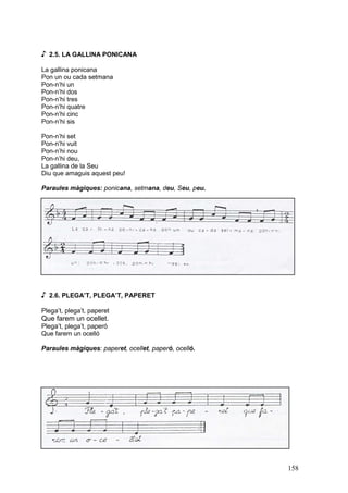 ♪

2.5. LA GALLINA PONICANA

La gallina ponicana
Pon un ou cada setmana
Pon-n’hi un
Pon-n’hi dos
Pon-n’hi tres
Pon-n’hi quatre
Pon-n’hi cinc
Pon-n’hi sis
Pon-n’hi set
Pon-n’hi vuit
Pon-n’hi nou
Pon-n’hi deu,
La gallina de la Seu
Diu que amaguis aquest peu!
Paraules màgiques: ponicana, setmana, deu, Seu, peu.

♪

2.6. PLEGA’T, PLEGA’T, PAPERET

Plega’t, plega’t, paperet

Que farem un ocellet.
Plega’t, plega’t, paperó
Que farem un ocelló
Paraules màgiques: paperet, ocellet, paperó, ocelló.

158

 