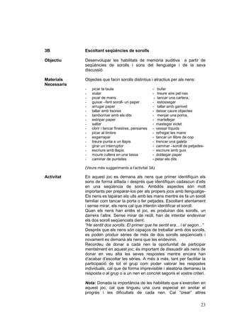 3B

Escoltant seqüències de sorolls

Objectiu

Desenvolupar les habilitats de memòria auditiva a partir de
seqüències de sorolls i sons del llenguatge i de la seva
discussió.

Materials
Necessaris

Objectes que facin sorolls distintius i atractius per als nens:
-

picar la taula
xiular
picar de mans
guixar –fent soroll- un paper
arrugar paper
tallar amb tisores
tamborinar amb els dits
estripar paper
saltar
obrir i tancar finestres, persianes
picar al timbre
esgarrapar
treure punta a un llapis
girar un interruptor
escriure amb llapis
moure cullera en una tassa
caminar de puntetes

- bufar
- treure aire pel nas
- tancar una cartera,
- estossegar
- tallar amb ganivet
- deixar caure objectes
- menjar una poma,
- martellejar
- mastegar xiclet
- vessar líquids
- refregar les mans
- tancar un llibre de cop
- trencar una galeta
- caminar –soroll de petjades- escriure amb guix
- doblegar paper
- petar els dits

(Veure més suggeriments a l’activitat 3A)

Activitat

En aquest joc es demana als nens que primer identifiquin els
sons de forma aïllada i després que identifiquin cadascun d’ells
en una seqüència de sons. Ambdós aspectes són molt
importants per preparar-los per als propers jocs amb llenguatgeEls nens es taparan els ulls amb les mans mentre es fa un soroll
familiar com tancar la porta o fer petjades. Escoltant atentament
i sense mirar, els nens cal que intentin identificar el soroll.
Quan els nens han entès el joc, es produiran dos sorolls, un
darrera l’altre. Sense mirar de reüll, han de intentar endevinar
els dos soroll seqüenciats dient:
“He sentit dos sorolls. El primer que he sentit era... i el segon...”
Després que els nens són capaços de treballar amb dos sorolls,
es poden produir sèries de més de dos sorolls seqüenciats i
novament es demana als nens que les endevinin.
Recordeu de donar a cada nen la oportunitat de participar
mentalment en aquest joc; és important de dissuadir als nens de
donar en veu alta les seves respostes mentre encara han
d’acabar d’escoltar les sèries. A més a més, tant per facilitar la
participació de tot el grup com poder valorar les respostes
individuals, cal que de forma imprevisible i aleatòria demaneu la
resposta o al grup o a un nen en concret segons el vostre criteri.
Nota: Donada la importància de les habilitats que s’exerciten en
aquest joc, cal que tingueu una cura especial en anotar el
progrés i les dificultats de cada nen. Cal “crear” altres

23

 