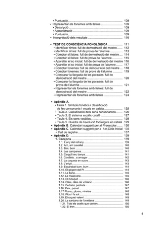 ▪ Puntuació.................................................................. 108
▪ Representar els fonemes amb lletres .......................... 109
▪ Descripció ................................................................. 109
▪ Administració ............................................................. 109
▪ Puntuació.................................................................. 109
▪ Interpretació dels resultats .......................................... 110
▪ TEST DE CONSCIÈNCIA FONOLÒGICA ..................
▪ Identificar rimes: full de demostració del mestre.......
▪ Identificar rimes: full de prova de l’alumne ...............
▪ Comptar síl.labes: full de demostració del mestre ....
▪ Comptar síl.labes: full de prova de l’alumne.............
▪ Aparellar el so inicial: full de demostració del mestre
▪ Aparellar el so inicial: full de prova de l’alumne ........
▪ Comptar fonemes: full de demostració del mestre ...
▪ Comptar fonemes: full de prova de l’alumne ............
▪ Comparar la llargada de les paraules: full de
demostració del mestre ...........................................
▪ Comparar la llargada de les paraules: full de
prova de l’alumne ....................................................
▪ Representar els fonemes amb lletres: full de
demostració del mestre ...........................................
▪ Representar els fonemes amb lletres.......................

111
112
113
114
115
116
117
118
119

122
124

▪ Apèndix A.
▪ Taula 1. Símbols fonètics i classificació
de les consonants i vocals en català ......................
▪ Taula 2. Classificació dels sons consonàntics........
▪ Taula 3. El sistema vocàlic català ..........................
▪ Taula 4. Els sons vocàlics ......................................
▪ Taula 5. Quadre de l’evolució fonològica en català
▪ Apèndix B. Calendari suggerit per al Preescolar.......
▪ Apèndix C. Calendari suggerit per a 1er.Cicle Inicial
▪ Full de registre......................................................
▪ Apèndix D. ...............................................................
1. Cançons ..............................................................

125
126
127
128
129
130
135
137
139
139

120
121

1.1. L’any del refrany ..................................................... 139
1.2. Arri, arri cavallet ...................................................... 140
1.3. Bim, bom ................................................................. 140
1.4. Les campanes......................................................... 141
1.5. Cargol treu banya.................................................... 141
1.6. Conillets , a amagar ................................................ 142
1.7. La coqueta en sucre................................................ 143
1.8. L’eriçó...................................................................... 143
1.9. Escarabat bum, bum ............................................... 144
1.10. El gegant del Pi ..................................................... 144
1.11. La lluna.................................................................. 145
1.12. La masovera.......................................................... 145
1.13. El mosquit ............................................................. 146
1.14. Olles, olles de vi blanc .......................................... 146
1.15. Pedreta, pedreta ................................................... 147
1.16. Peix, peixet ............................................................ 147
1.17.Ploreu, ploreu, ninetes ............................................ 148
1.18. Plou i fa sol............................................................ 148
1.19. El ruquet valent ..................................................... 149
1.20. La sardana de l’avellana ....................................... 149
1.21. Tots els ocells que canten................................... 150
1.22. El tren .................................................................. 150

4

 
