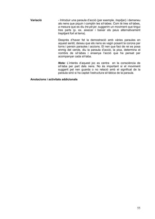 Variació

- Introduir una paraula d’acció (per exemple, trepitjar) i demaneu
als nens que piquin i comptin les síl·labes. Com té tres síl·labes,
a mesura que es diu tre-pit-jar, suggerim un moviment que tingui
tres parts (p. ex. aixecar i baixar els peus alternativament
trepitjant fort el terra).
Després d’haver fet la demostració amb vàries paraules en
aquest sentit, deixeu que els nens es vagin posant la corona per
torns i pensin paraules i accions. El nen que faci de rei es posa
enmig del cercle, diu la paraula d’acció, la pica, determina el
nombre de síl·labes i ensenya l’acció que ha pensat per
acompanyar cada síl·laba.
Nota: L’interès d’aquest joc es centra en la consciència de
síl·laba per part dels nens. No és important si el moviment
suggerit pel nen guarda o no relació amb el significat de la
paraula sinó si ha captat l’estructura sil·làbica de la paraula.

Anotacions i activitats addicionals

55

 