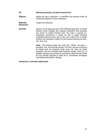 7G

Diferents paraules, el mateix fonema final

Objectiu

Ajudar els nens a descobrir i a identificar els fonemes finals de
la paraula explorant la seva articulació.

Materials
Necessaris

Targes amb dibuixos

Activitat

Aquest joc es juga igual que el 7B: Diferents paraules, el mateix
fonema inicial, excepte que l’objecte s’identifica amb paraules
que tenen el mateix fonema final. Per jugar a aquest joc,
necessiteu col·leccions o sèries de tres o quatre dibuixos
d’objectes diferents però que el seu nom acabi amb el mateix
fonema. Per exemple, la sèrie /m/ pot incloure dibuixos de raïm,
ram, llum, fum.
Nota: Els fonemes finals són molt més difícils de sentir i
percebre que els fonemes inicials. Per això, cal que comenceu
el treball amb els fonemes finals quan els nens es trobin
còmodes amb les activitats dels fonemes inicials. Amb tot, no
negligiu aquests jocs perquè la consciència dels fonemes finals
és una entrada importat al nivell de la consciència fonològica
que facilita descodificar i lletrejar.

Anotacions i activitats addicionals

65

 