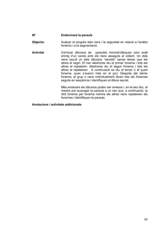 8F

Endevinant la paraula

Objectiu

Avaluar el progrés dels nens i la seguretat en relació a l’anàlisi
fonèmic i a la segmentació.

Activitat

Col·locar dibuixos de paraules monosil·làbiques cara avall
enmig d’un cercle amb els nens asseguts al voltant. Un dels
nens escull un dels dibuixos “secrets” sense deixar que els
altres el vegin. El nen aleshores diu el primer fonema i tots els
altres el repeteixin. Aleshores diu el segon fonema i tots els
altres el repeteixen . A continuació es diu el tercer (i el quart
fonema, quan s’avanci més en el joc). Després del darrer
fonema, el grup o nens individualment diuen tots els fonemes
seguits en seqüència i identifiquen el dibuix secret.
Més endavant els dibuixos poden ser omesos i, en el seu lloc, el
mestre pot xiuxiuejar la paraula a un nen que, a continuació, la
dirà fonema per fonema mentre els altres nens repeteixen els
fonemes i identifiquen la paraula.

Anotacions i activitats addicionals

88

 