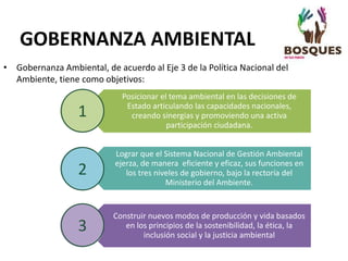 • Gobernanza Ambiental, de acuerdo al Eje 3 de la Política Nacional del
Ambiente, tiene como objetivos:
GOBERNANZA AMBIENTAL
Posicionar el tema ambiental en las decisiones de
Estado articulando las capacidades nacionales,
creando sinergias y promoviendo una activa
participación ciudadana.
Lograr que el Sistema Nacional de Gestión Ambiental
ejerza, de manera eficiente y eficaz, sus funciones en
los tres niveles de gobierno, bajo la rectoría del
Ministerio del Ambiente.
Construir nuevos modos de producción y vida basados
en los principios de la sostenibilidad, la ética, la
inclusión social y la justicia ambiental
1
2
3