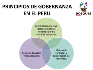PRINCIPIOS DE GOBERNANZA
EN EL PERU
Participación efectiva,
descentralizada e
integrada para la
toma de decisiones
Manejo de
conflictos y
construcción de
consensos,
Seguridad jurídica
y transparencia