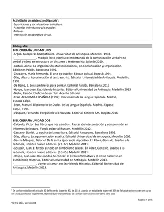 Página 4 de 5
VD-FO-003, Versión 03
Actividades de asistencia obligatoria2
:
-Exposiciones y socializaciones colectivas.
-Asesorías individuales y/o grupales
-Talleres
-Interacción colaborativa virtual.
Bibliografía:
BIBLIOGRAFÍA UNIDAD UNO
-Argos. Gazaperas Gramaticales. Universidad de Antioquia. Medellín, 1994.
- . Módulo lecto-escritura: importancia de la comunicación verbal y no
verbal y cómo se estructura un discurso o texto escrito. Julio de 2010.
-Bartoli, Annie. La Organización Multidimensional, en Comunicación y Organización.
Ediciones Paidós, Barcelona 1992.
-Chaparro, María Fernanda. El arte de escribir. Educar cultual, Bogotá 1994.
-Díaz, Álvaro. Aproximación al texto escrito. Editorial Universidad de Antioquia. Medellín,
1999.
-De Bono, E. Seis sombreros para pensar. Editorial Paidós, Barcelona 2019
-Hoyos, Juan José. Escribiendo historias. Editorial Universidad de Antioquia. Medellín 2013
-Nieto, Ramón. El oficio de escribir. Acento Editorial
-REAL ACADEMIA ESPAÑOLA (1992): Diccionario de la Lengua Española. Madrid,
Espasa-Calpe.
-Seco, Manuel. Diccionario de Dudas de las Lengua Española. Madrid. Espasa-
Calpe, 1996.
-Vásquez, Fernando. Pregúntele al Ensayista. Editorial Kimpres SAS, Bogotá 2016.
BIBLIOGRAFÍA UNIDAD DOS
-Caicedo, Víctor. Los libros que nos cambian. Pautas de interpretación y comprensión en
informes de lectura. Fondo editorial Funlam. Medellín 2012.
-Cassany, Daniel. La cocina de la escritura. Editorial Anagrama, Barcelona 1995.
-Díaz, Álvaro, La argumentación escrita. Editorial Universidad de Antioquia, Medellín 2009.
-García Márquez, Gabriel. De la santa ignorancia deportiva. En Pérez, Gonzalo. Sueños a la
redonda, Hombre nuevo editores. (71-72). Medellín 2011.
-Gossaín, Juan. El futbol es todo un simbolismo sexual. En Pérez, Gonzalo. Sueños a la
redonda, Hombre nuevo editores. (53-65). Medellín 2011.
-Hoyos, Juan José. Dos modos de contar: el estilo informativo y el estilo narrativo en
Escribiendo Historias, Editorial Universidad de Antioquia, Medellín 2013.
- . Volver a Narrar, en Escribiendo Historias, Editorial Universidad de
Antioquia, Medellín 2013.
2 De conformidad con el artículo 30 del Acuerdo Superior 432 de 2014, cuando un estudiante supere el 30% de faltas de asistencia en un curso
sin causa justificable legalmente, reprobará por inasistencia y se calificará con una nota de cero, cero (0.0)
 