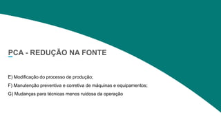 2020 SMALLSTORE. Todos os Direitos Reservados. Siga-nos!
10
PCA - REDUÇÃO NA FONTE
E) Modificação do processo de produção;
F) Manutenção preventiva e corretiva de máquinas e equipamentos;
G) Mudanças para técnicas menos ruidosa da operação
 