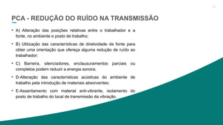 2020 SMALLSTORE. Todos os Direitos Reservados. Siga-nos!
11
PCA - REDUÇÃO DO RUÍDO NA TRANSMISSÃO
• A) Alteração das posições relativas entre o trabalhador e a
fonte, no ambiente e posto de trabalho;
• B) Utilização das características de diretividade da fonte para
obter uma orientação que ofereça alguma redução de ruído ao
trabalhador;
• C) Barreira, silenciadores, enclausuramentos parciais ou
completos podem reduzir a energia sonora;
• D-Alteração das características acústicas do ambiente de
trabalho pela introdução de materiais absorventes;
• E-Assentamento com material anti-vibrante, isolamento do
posto de trabalho do local de transmissão da vibração.
 