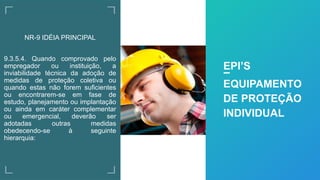 NR-9 IDÉIA PRINCIPAL
9.3.5.4. Quando comprovado pelo
empregador ou instituição, a
inviabilidade técnica da adoção de
medidas de proteção coletiva ou
quando estas não forem suficientes
ou encontrarem-se em fase de
estudo, planejamento ou implantação
ou ainda em caráter complementar
ou emergencial, deverão ser
adotadas outras medidas
obedecendo-se à seguinte
hierarquia:
EPI’S
EQUIPAMENTO
DE PROTEÇÃO
INDIVIDUAL
 