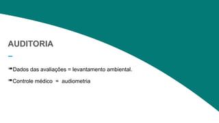 2020 SMALLSTORE. Todos os Direitos Reservados. Siga-nos!
38
AUDITORIA
Controle médico = audiometria
Dados das avaliações = levantamento ambiental.
 