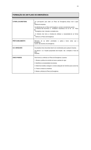 10
FORMAÇÃO DE UM PLANO DE EMERGÊNCIA
O PAPEL DA DIRETORIA Um pré-requisito para obter um Plano de Emergência, eficaz é ter o apoio
da
diretoria da empresa.
As deficiências de um Plano de Emergência ocorrem normalmente quando:
- A diretoria não reconhece a verdadeira importância de se ter um Plano
de
Emergência bem treinado e completo e/ou
- A diretoria não toma a iniciativa de enfatizar a necessidade de se formar
ou
melhorar um Plano de Emergência
PRÉ-PLANEJAMENTO Momento de se definir prioridades e ações a tomar antes que a
emergência
ocorra, não durante uma emergência.
G.E. ADEQUADO As posições-chave discutidas devem ser consideradas para qualquer empresa.
Os planos e as funções apropriadas são funções das condições e riscos de
cada
empresa.
CINCO PASSOS Para formar ou melhorar um Plano de Emergência, é preciso:
1. Revisar a política de controle de riscos e perdas em vigor
2. Identificar as necessidades da empresa
3. Determinar tarefas e designar o número adequado de membros para cumprí-las
4. Treinar e motivar os membros
5. Manter a eficácia do Plano de Emergência
 
