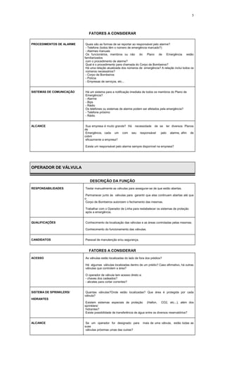 5
FATORES A CONSIDERAR
PROCEDIMENTOS DE ALARME Quais são as formas de se reportar ao responsável pelo alarme?
- Telefone (todos têm o número de emergência marcado?)
- Alarmes manuais
Os funcionários, membros ou não do Plano de Emergência estão
familiarizados
com o procedimento de alarme?
Qual é o procedimento para chamada do Corpo de Bombeiros?
Há uma relação atualizada dos números de emergência? A relação inclui todos os
números necessários?
- Corpo de Bombeiros
- Polícia
- Empresas de serviços, etc...
SISTEMAS DE COMUNICAÇÃO Há um sistema para a notificação imediata de todos os membros do Plano de
Emergência?
- Alarme
- Bips
- Rádio
Os telefones ou sistemas de alarme podem ser afetados pela emergência?
- Telefone próximo
- Rádio
ALCANCE Sua empresa é muito grande? Há necessidade de se ter diversos Planos
de
Emergência, cada um com seu responsável pelo alarme, afim de
cobrir
eficazmente a empresa?
Existe um responsável pelo alarme sempre disponível na empresa?
OPERADOR DE VÁLVULA
DESCRIÇÃO DA FUNÇÃO
RESPONSABILIDADES Testar manualmente as válvulas para assegurar-se de que estão abertas.
Permanecer junto às válvulas para garantir que elas continuem abertas até que
o
Corpo de Bombeiros autorizem o fechamento das mesmas.
Trabalhar com o Operador de Linha para restabelecer os sistemas de proteção
após a emergência.
QUALIFICAÇÕES Conhecimento da localização das válvulas e as áreas controladas pelas mesmas.
Conhecimento do funcionamento das válvulas.
CANDIDATOS Pessoal de manutenção e/ou segurança.
FATORES A CONSIDERAR
ACESSO As válvulas estão localizadas do lado de fora dos prédios?
Há algumas válvulas localizadas dentro de um prédio? Caso afirmativo, há outras
válvulas que controlem a área?
O operador de válvula tem acesso direto a:
- chaves dos cadeados?
- alicates para cortar correntes?
SISTEMA DE SPRINKLERS/ Quantas válvulas?Onde estão localizadas? Que área é protegida por cada
válvula?
HIDRANTES
Existem sistemas especiais de proteção (Hallon, CO2, etc...), além dos
sprinklers/
hidrantes?
Existe possibilidade de transferência de água entre os diversos reservatórios?
ALCANCE Se um operador for designado para mais de uma válvula, estão todas as
suas
válvulas próximas umas das outras?
 